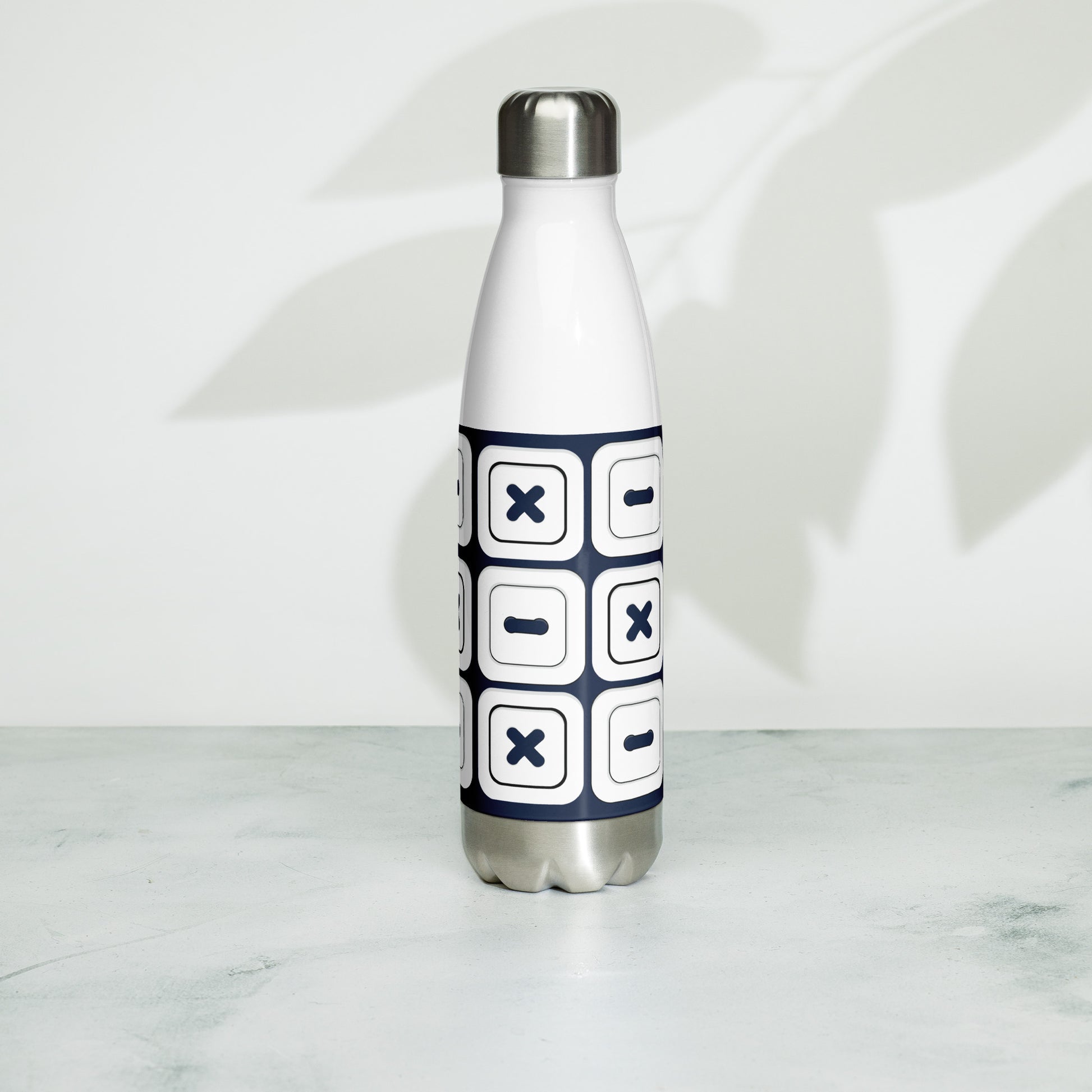 Navy Stainless Steel Water Bottle with "Square Buttons" design -  the perfect gift for people who love to sew