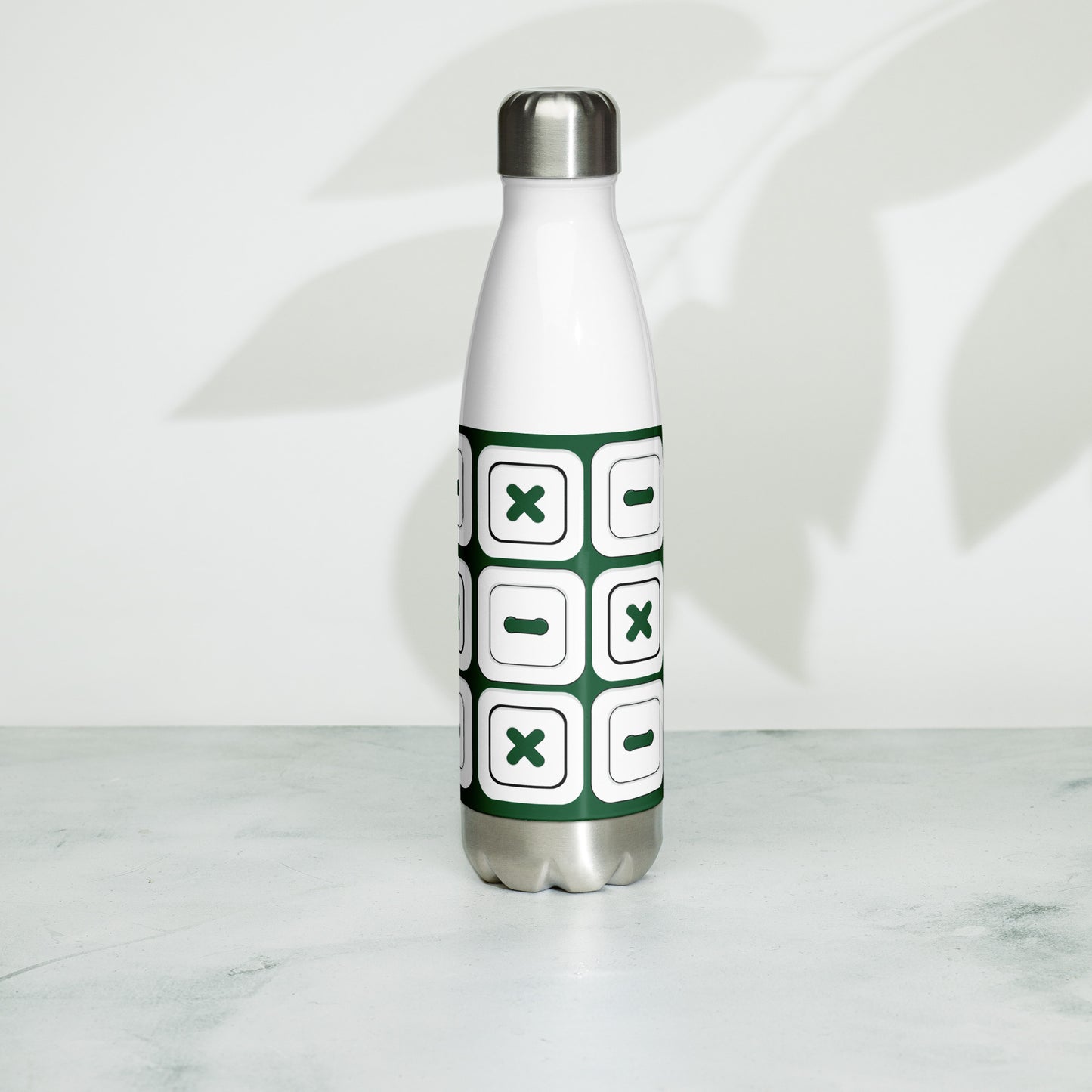 Forest Green Stainless Steel Water Bottle with "Square Buttons" design -  the perfect gift for people who love to sew