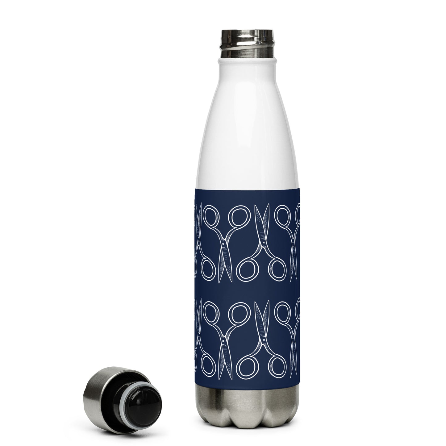 Navy Stainless Steel Water Bottle with "Geometric Scissor" design -  the perfect gift for people who love to sew