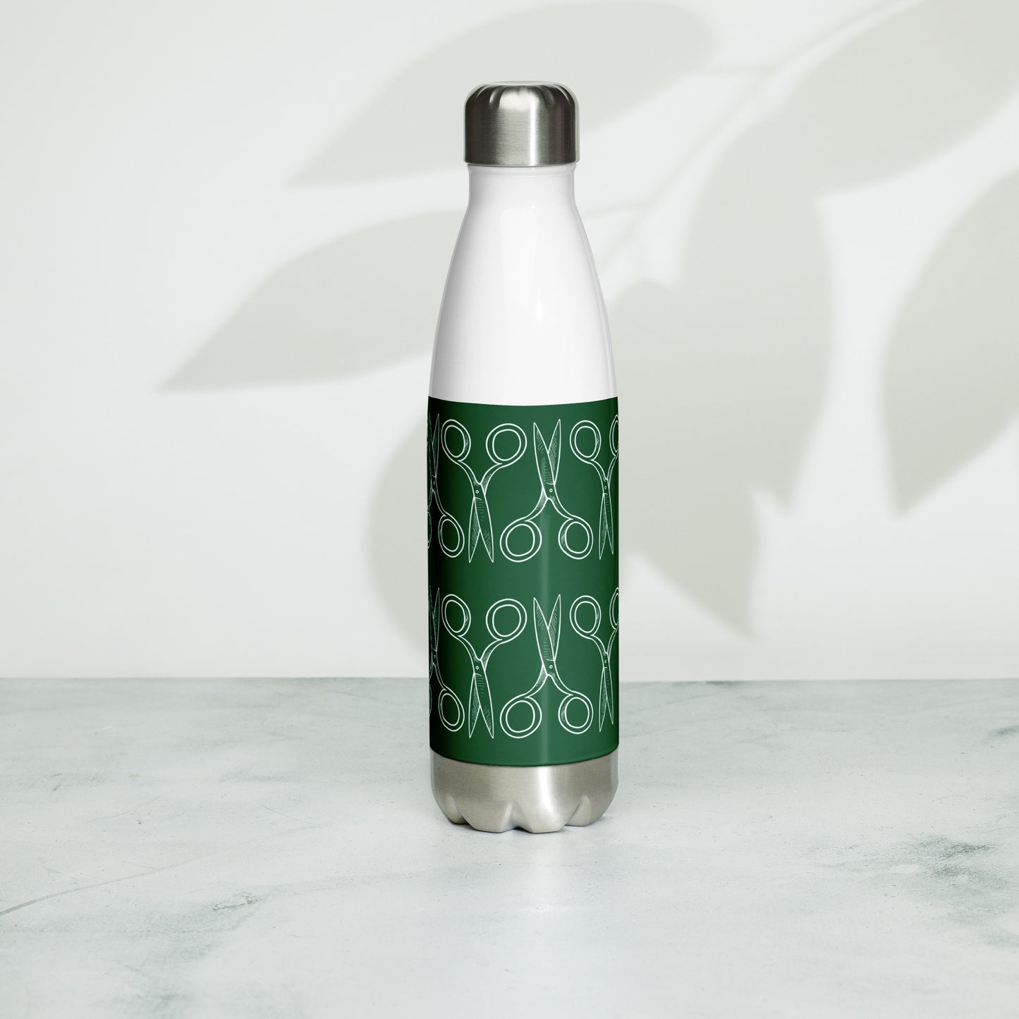 Forest Green Stainless Steel Water Bottle with "Geometric Scissor" design -  the perfect gift for people who love to sew