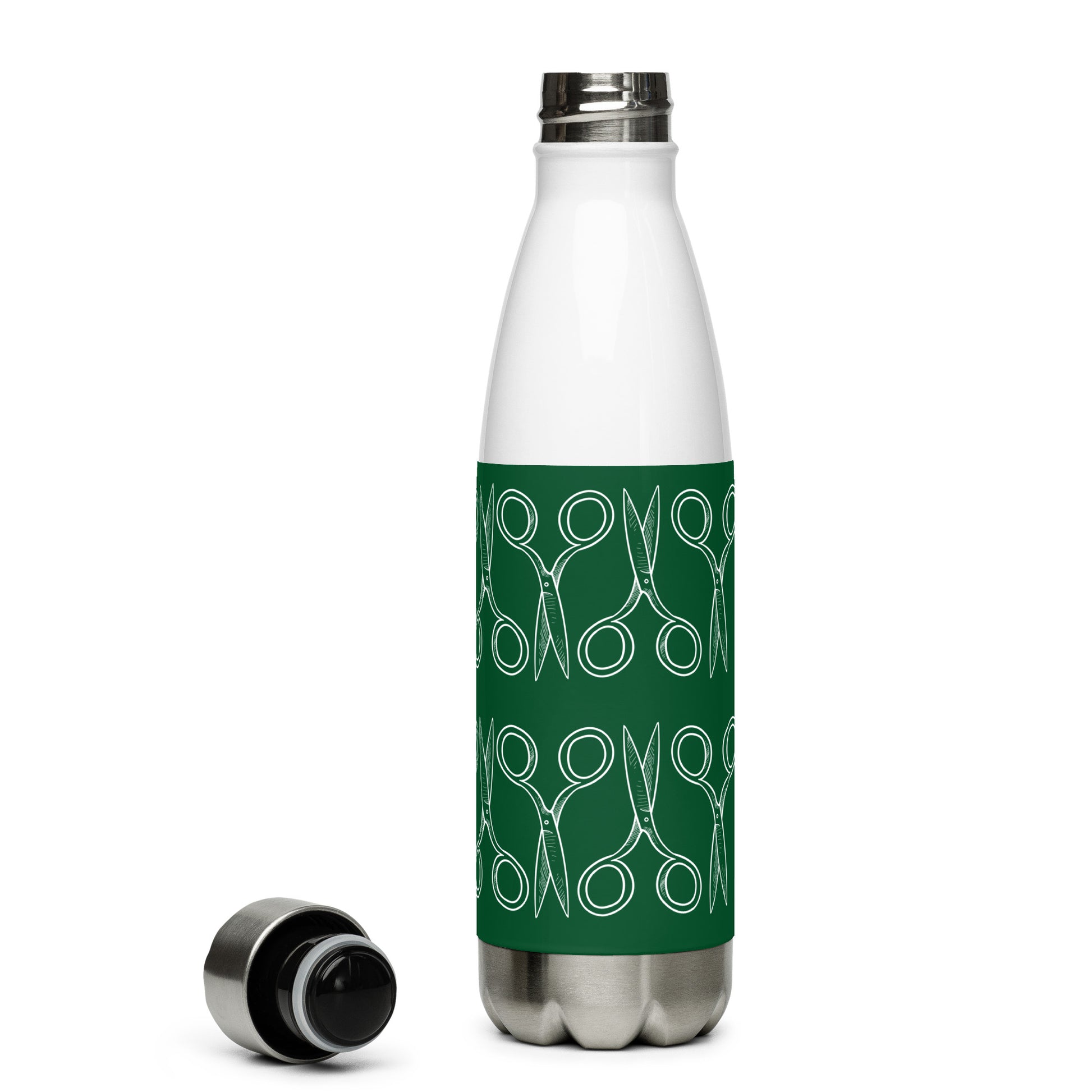 Forest Green Stainless Steel Water Bottle with "Geometric Scissor" design -  the perfect gift for people who love to sew