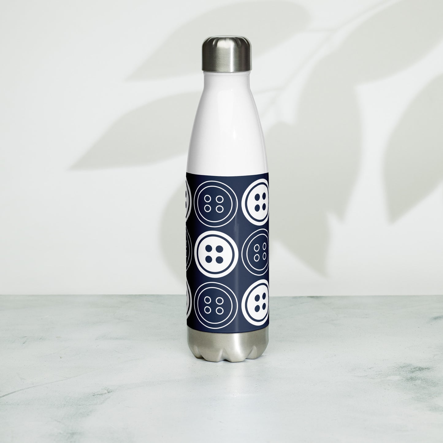 Navy Stainless Steel Water Bottle with "Bold Buttons" design -  the perfect gift for people who love to sew