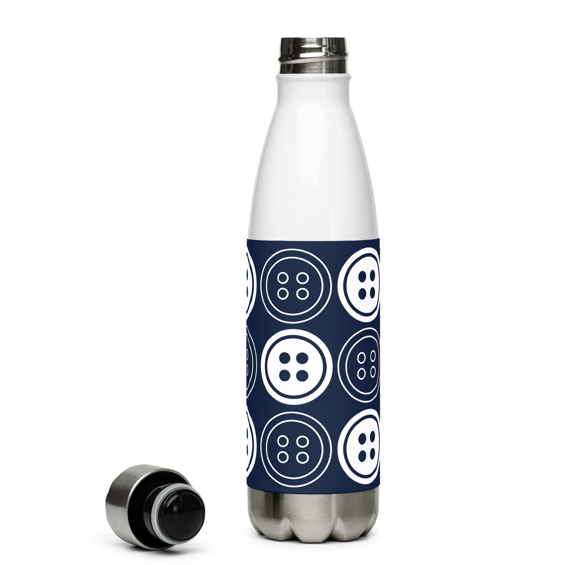 Navy Stainless Steel Water Bottle with "Bold Buttons" design -  the perfect gift for people who love to sew