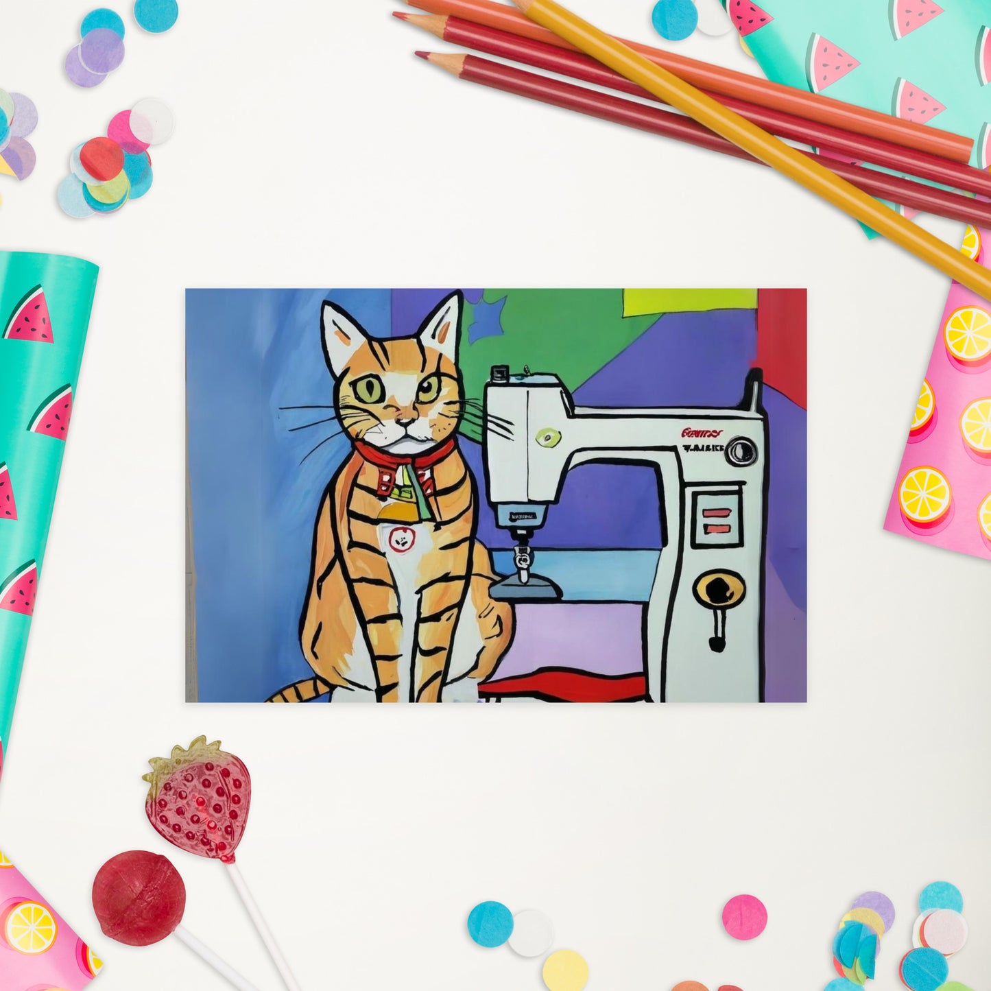 Post Card with "Sewing Cat" design - The Perfect addition to a gift or a thoughtful written note to a friend.