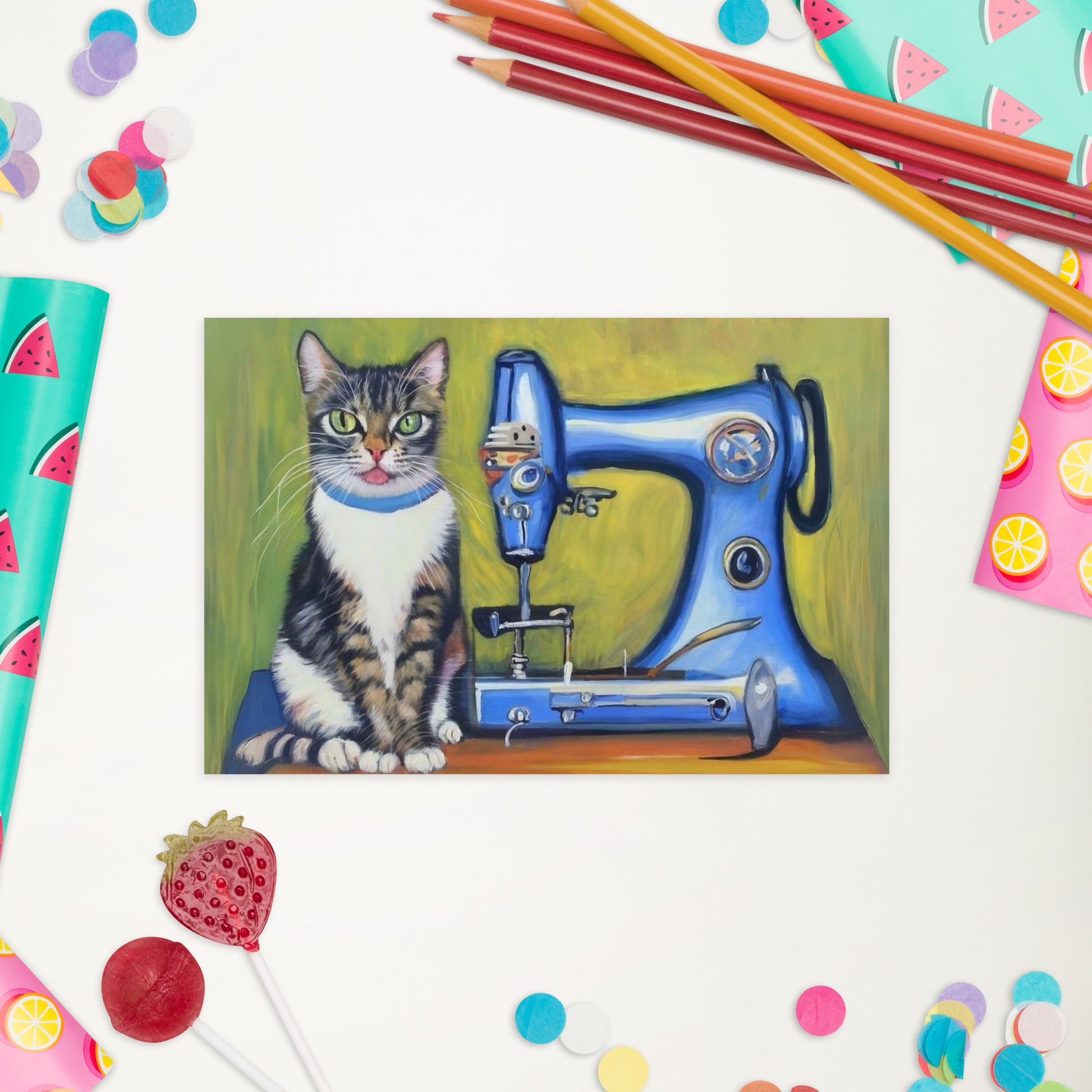 Post Card with "Sewing Cat" design - The Perfect addition to a gift or a thoughtful written note to a friend.