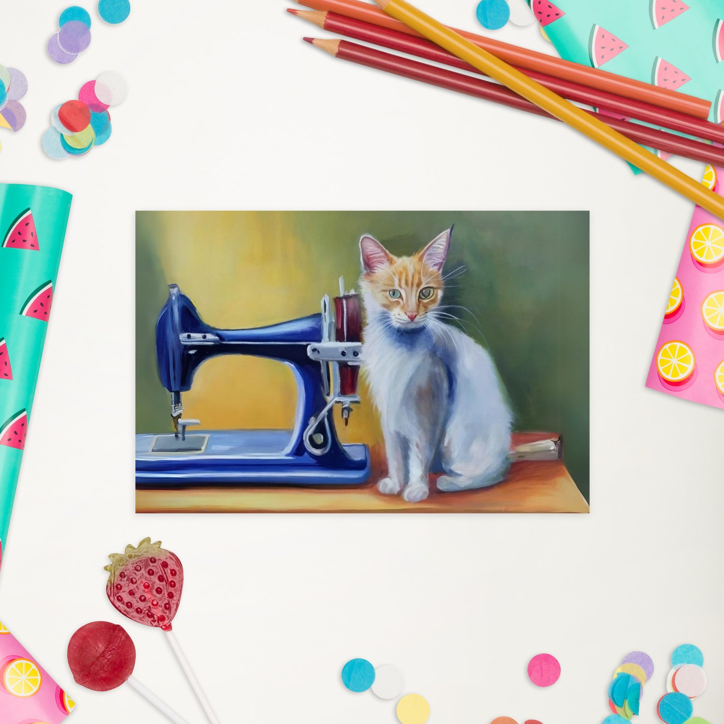 Post Card with "Sewing Cat" design - The Perfect addition to a gift or a thoughtful written note to a friend.