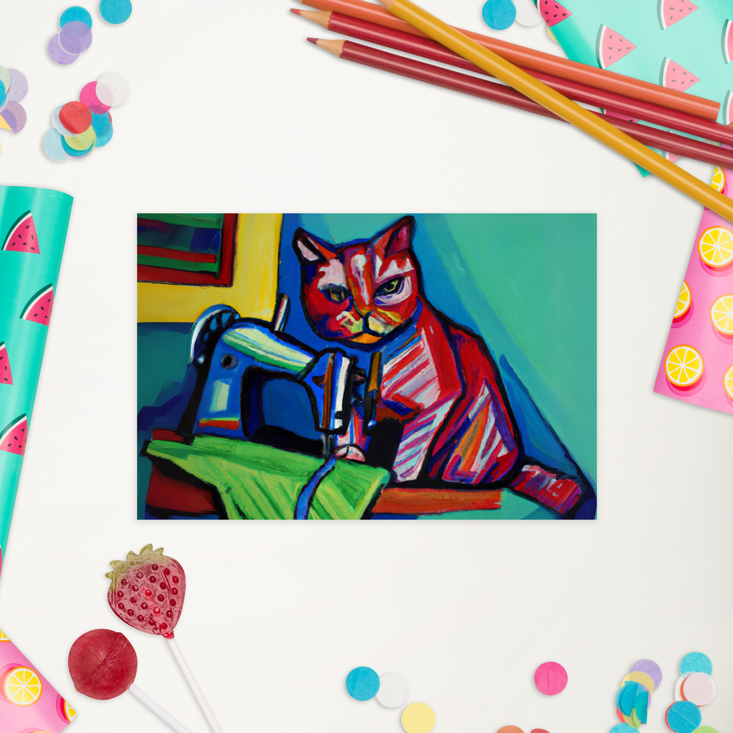 Post Card with "Sewing Cat" design - The Perfect addition to a gift or a thoughtful written note to a friend.