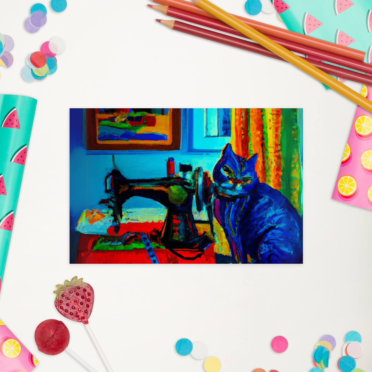 Post Card with "Sewing Cat" design - The Perfect addition to a gift or a thoughtful written note to a friend.