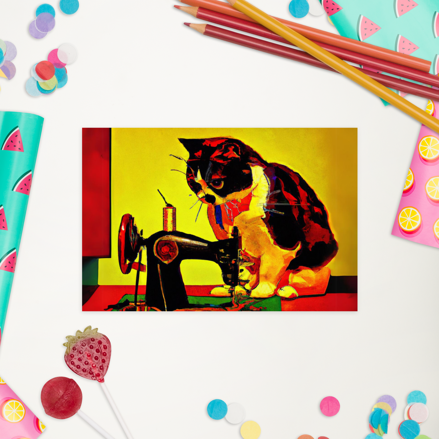 Post Card with "Sewing Cat" design - The Perfect addition to a gift or a thoughtful written note to a friend.