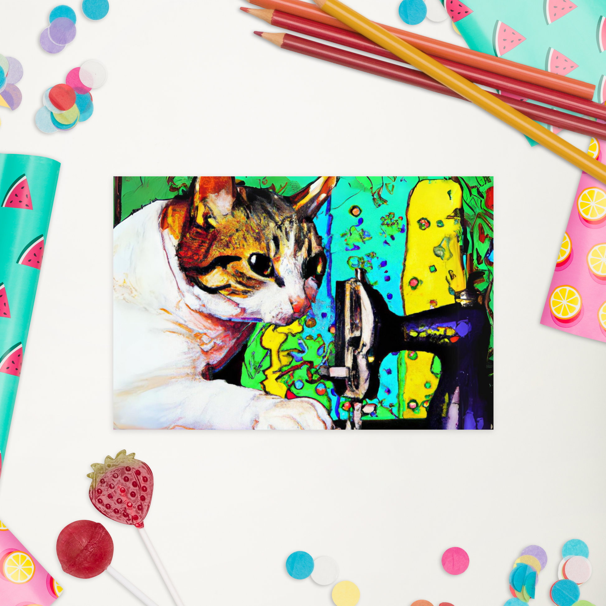 Post Card with "Sewing Cat" design - The Perfect addition to a gift or a thoughtful written note to a friend.