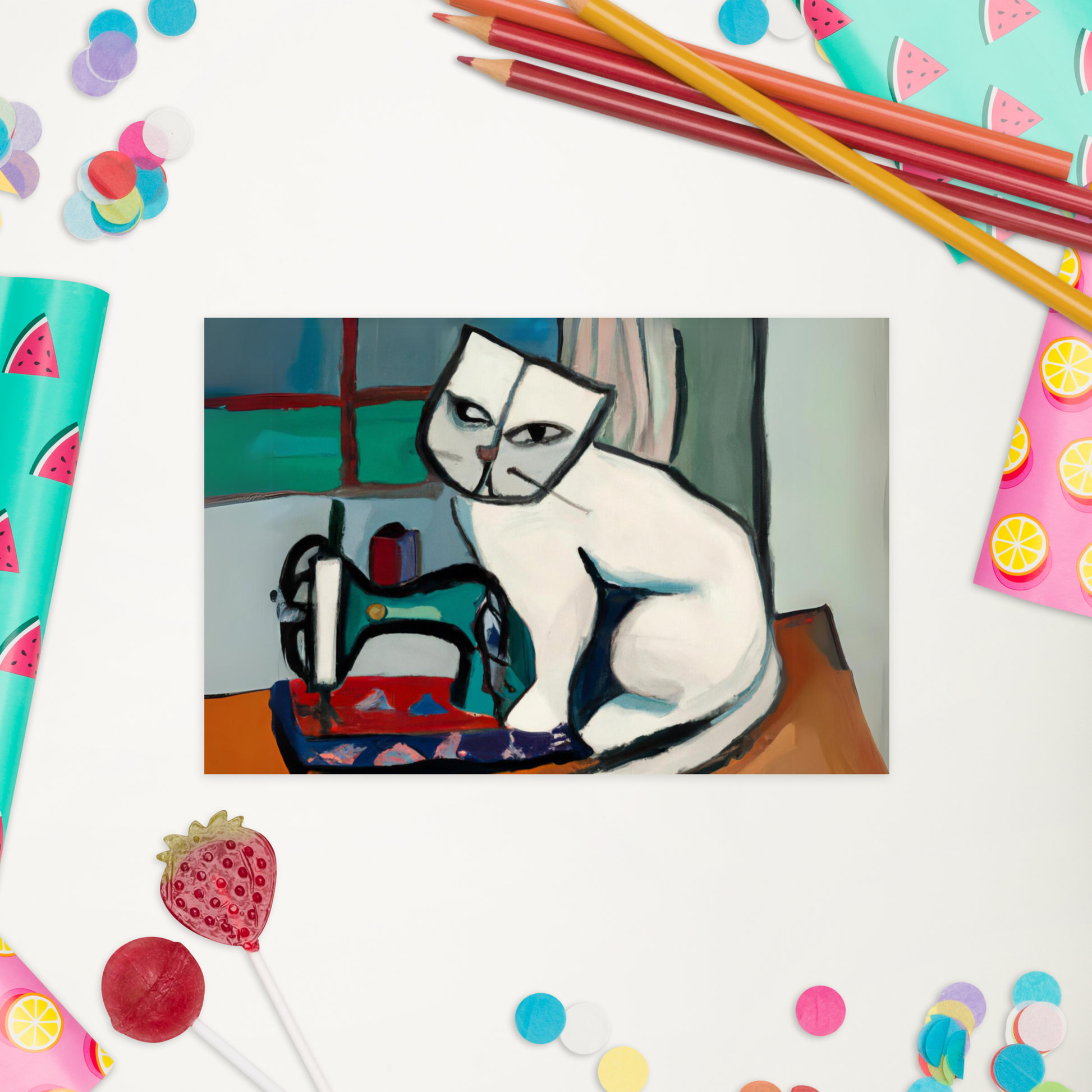 Post Card with "Sewing Cat" design - The Perfect addition to a gift or a thoughtful written note to a friend.