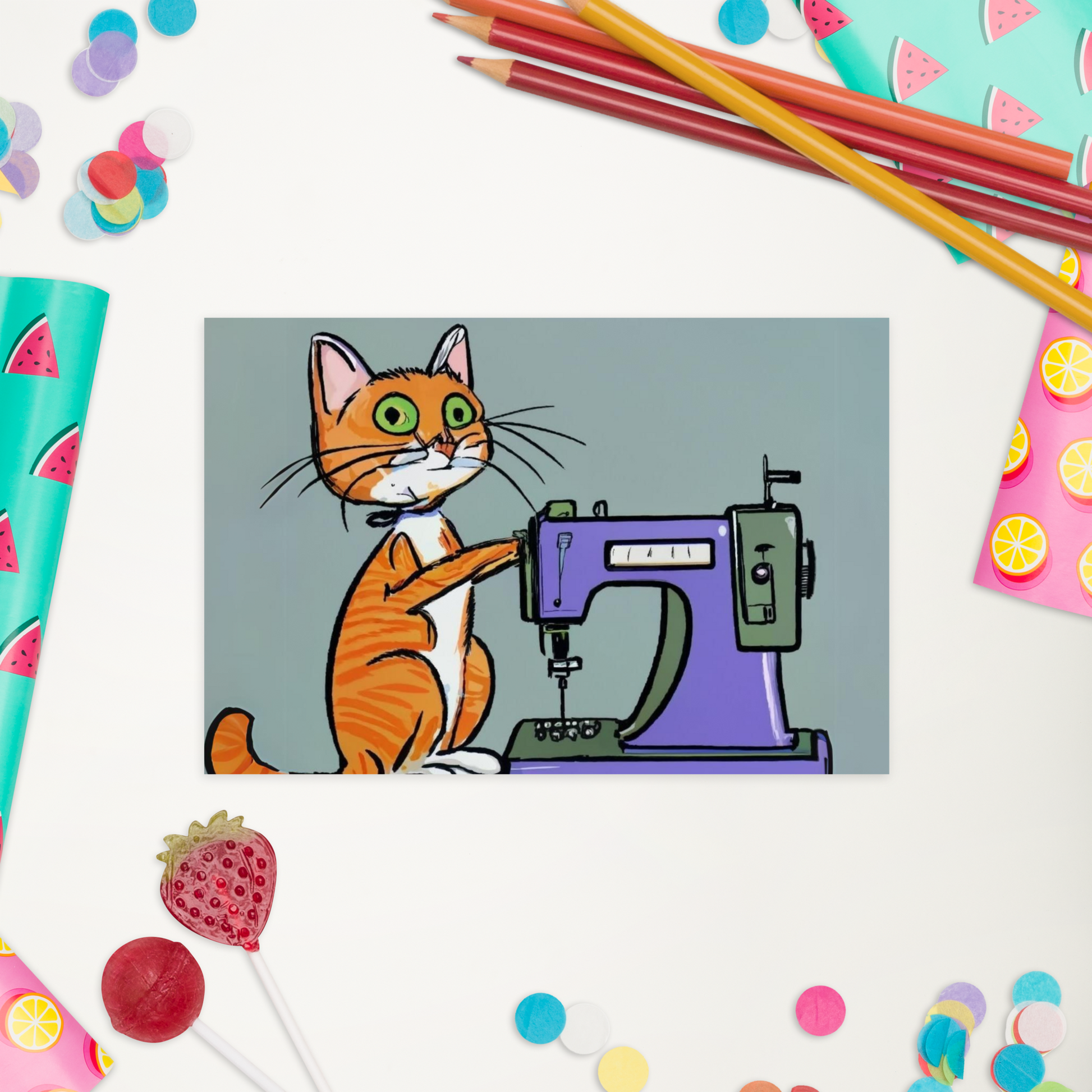 Post Card with "Sewing Cat" design - The Perfect addition to a gift or a thoughtful written note to a friend.