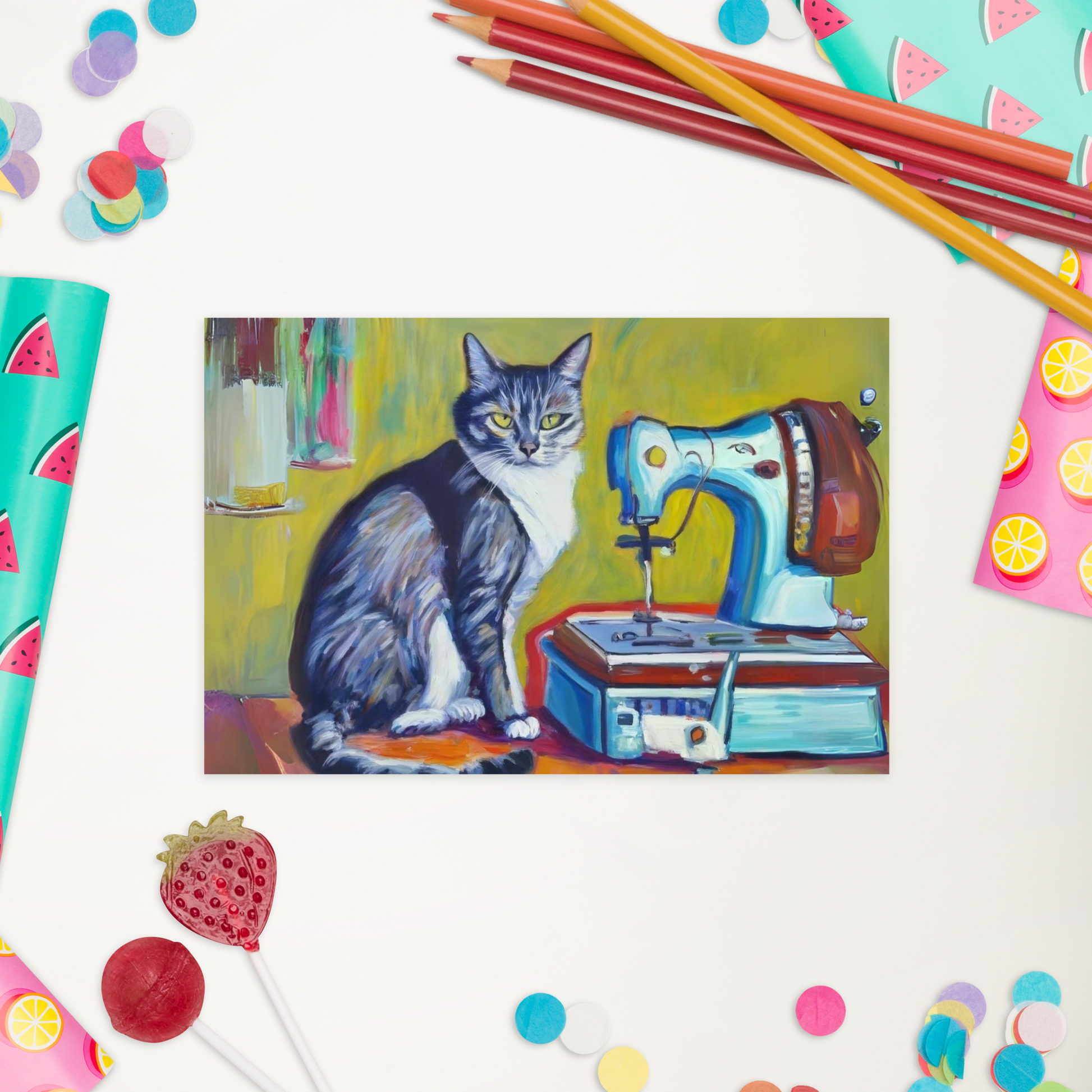 Post Card with "Sewing Cat" design - The Perfect addition to a gift or a thoughtful written note to a friend.