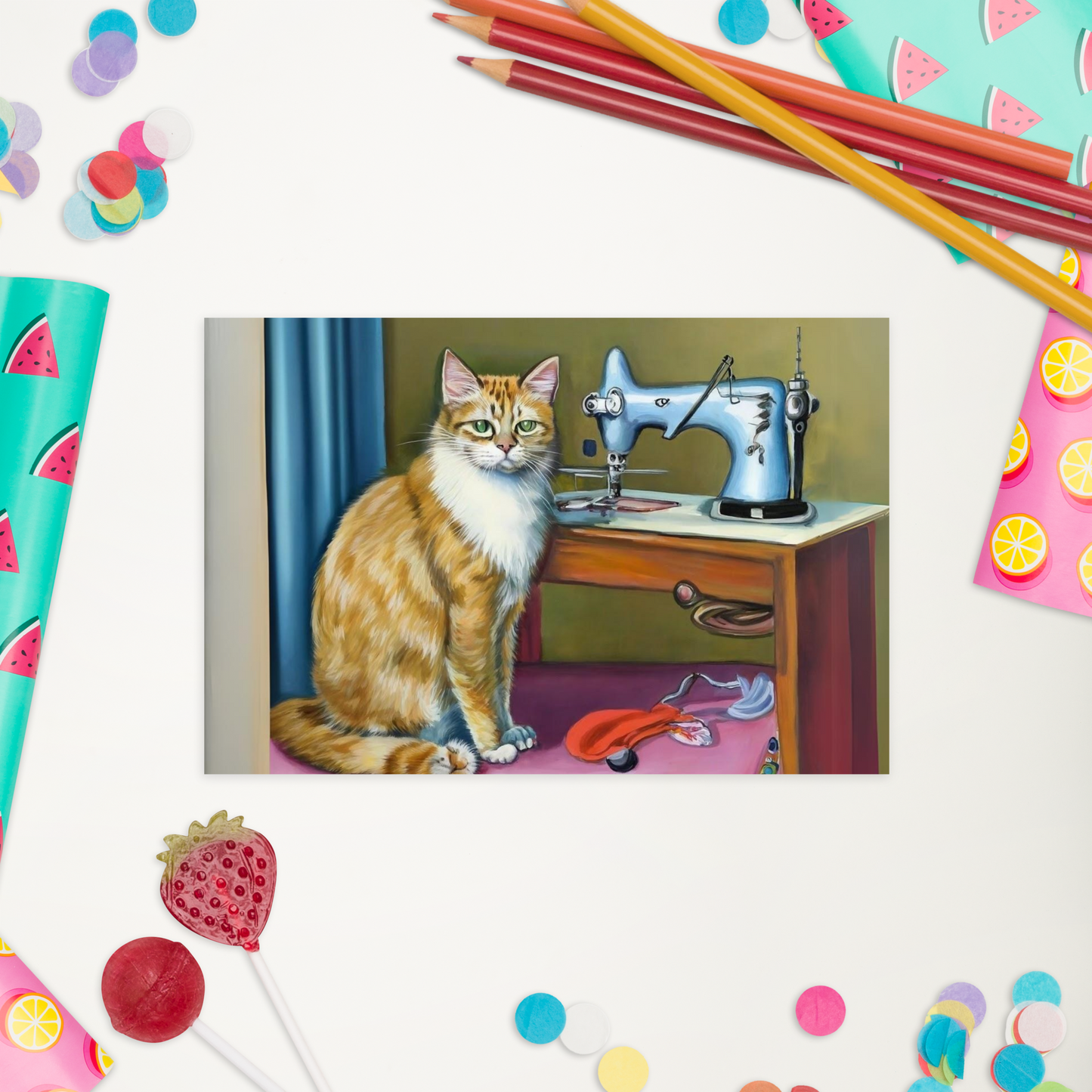 Post Card with "Sewing Cat" design - The Perfect addition to a gift or a thoughtful written note to a friend.