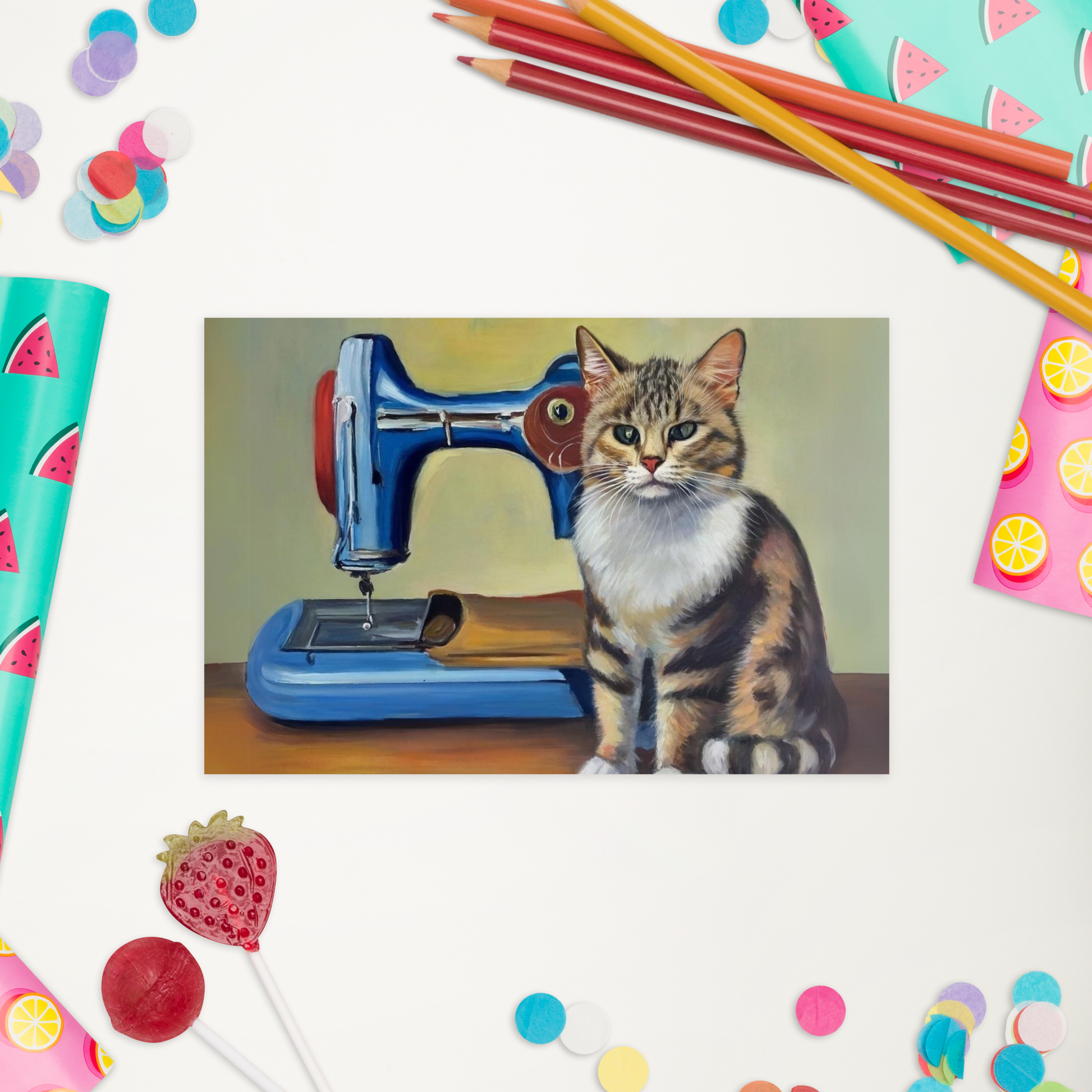 Post Card with "Sewing Cat" design - The Perfect addition to a gift or a thoughtful written note to a friend.