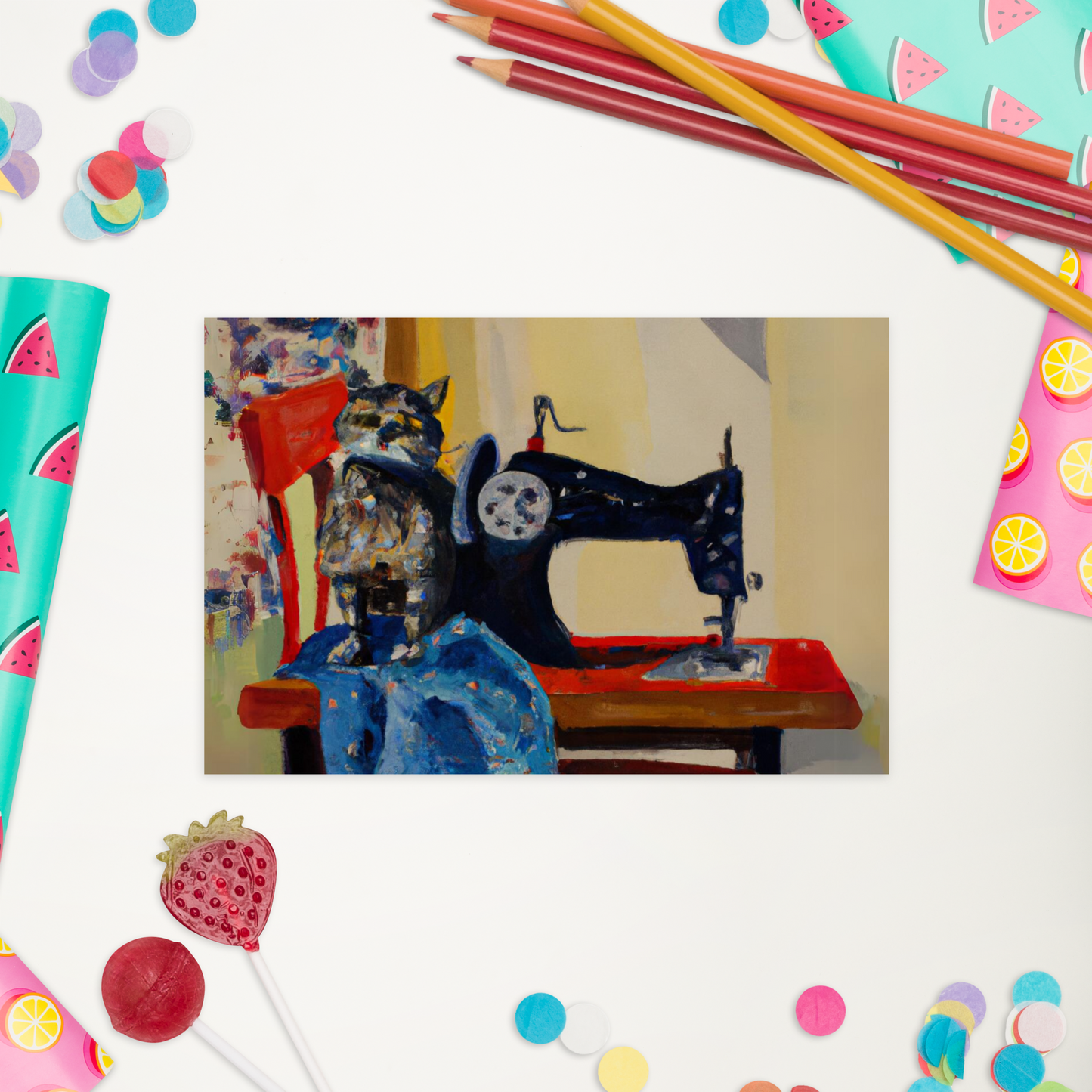 Post Card with "Sewing Cat" design - The Perfect addition to a gift or a thoughtful written note to a friend.