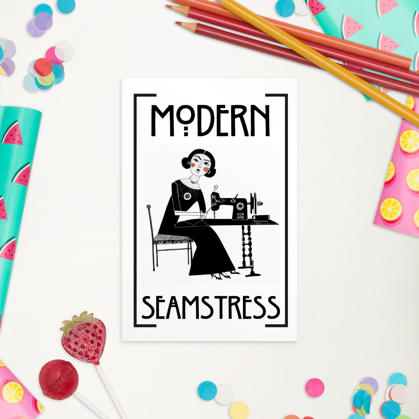 White Post card with "Modern Seamstress" design - Perfect gift for people who love to sew