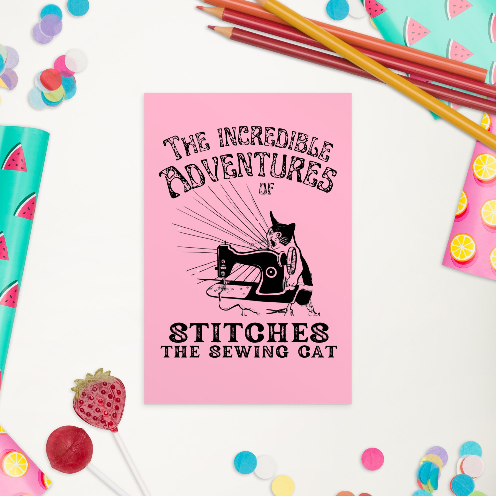 Pink Post card with "The Incredible Adventures of Stitches the Sewing Cat" desing - Perfect gift for people who love to sew