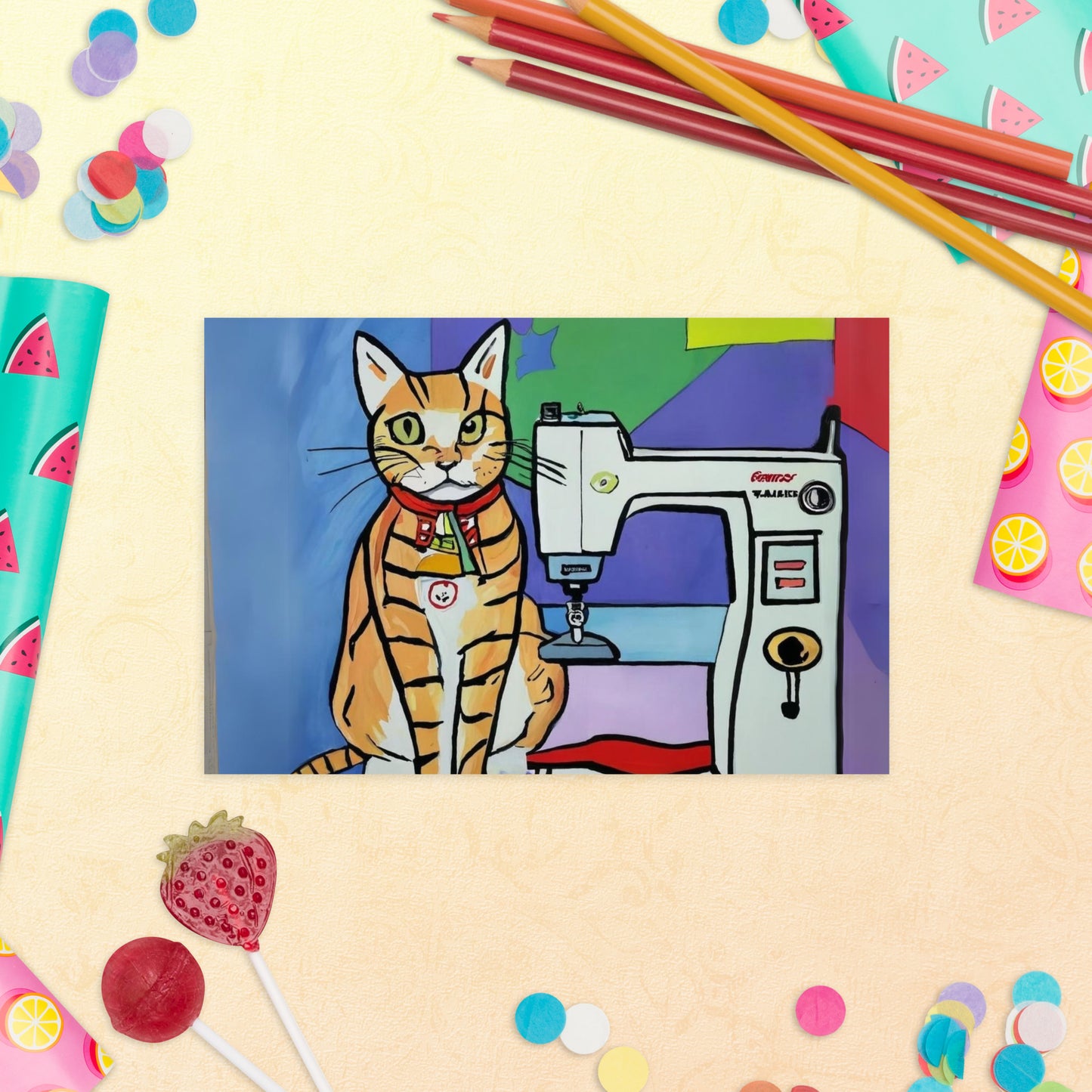 Post Card with "Sewing Cat" design - The Perfect addition to a gift or a thoughtful written note to a friend.