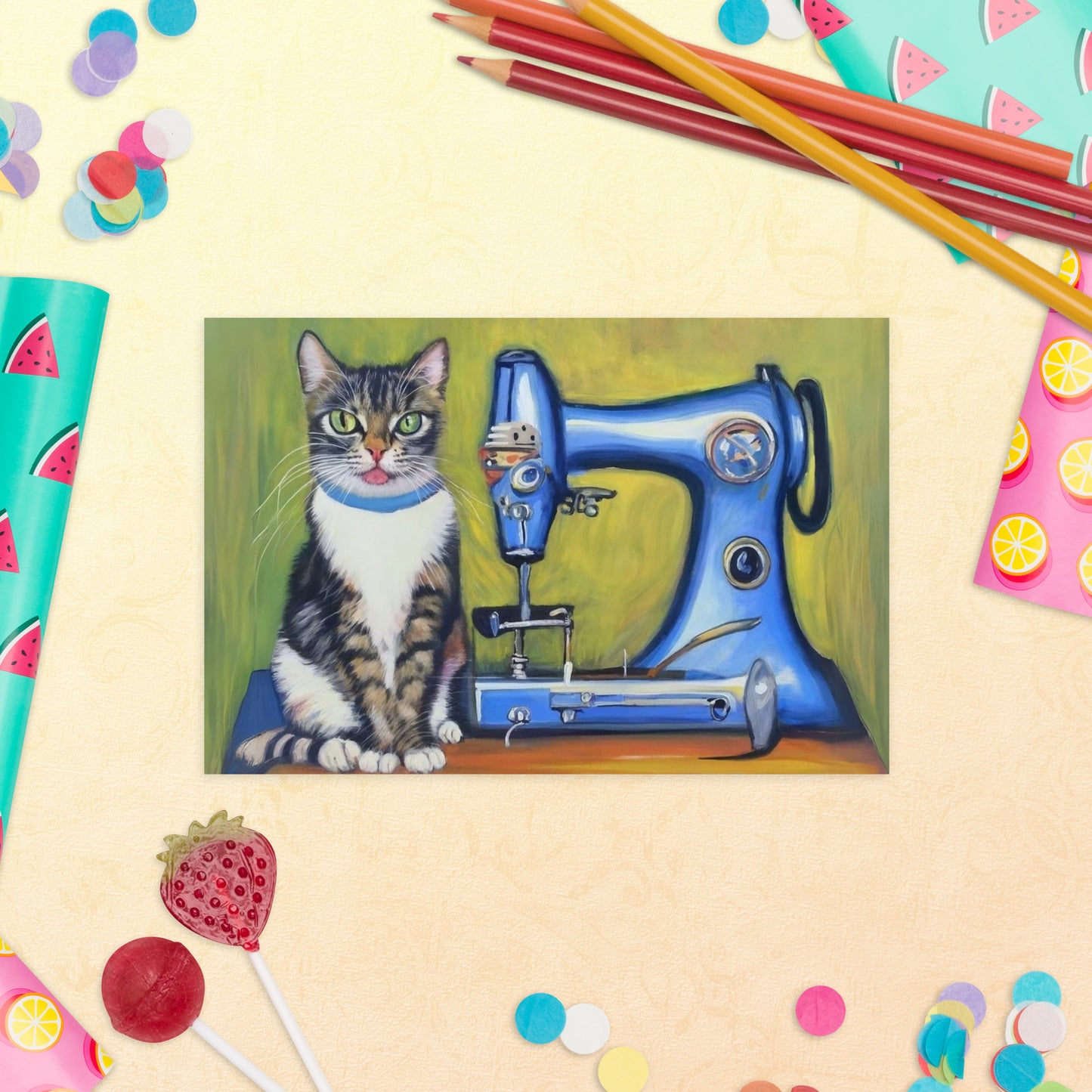 Post Card with "Sewing Cat" design - The Perfect addition to a gift or a thoughtful written note to a friend.