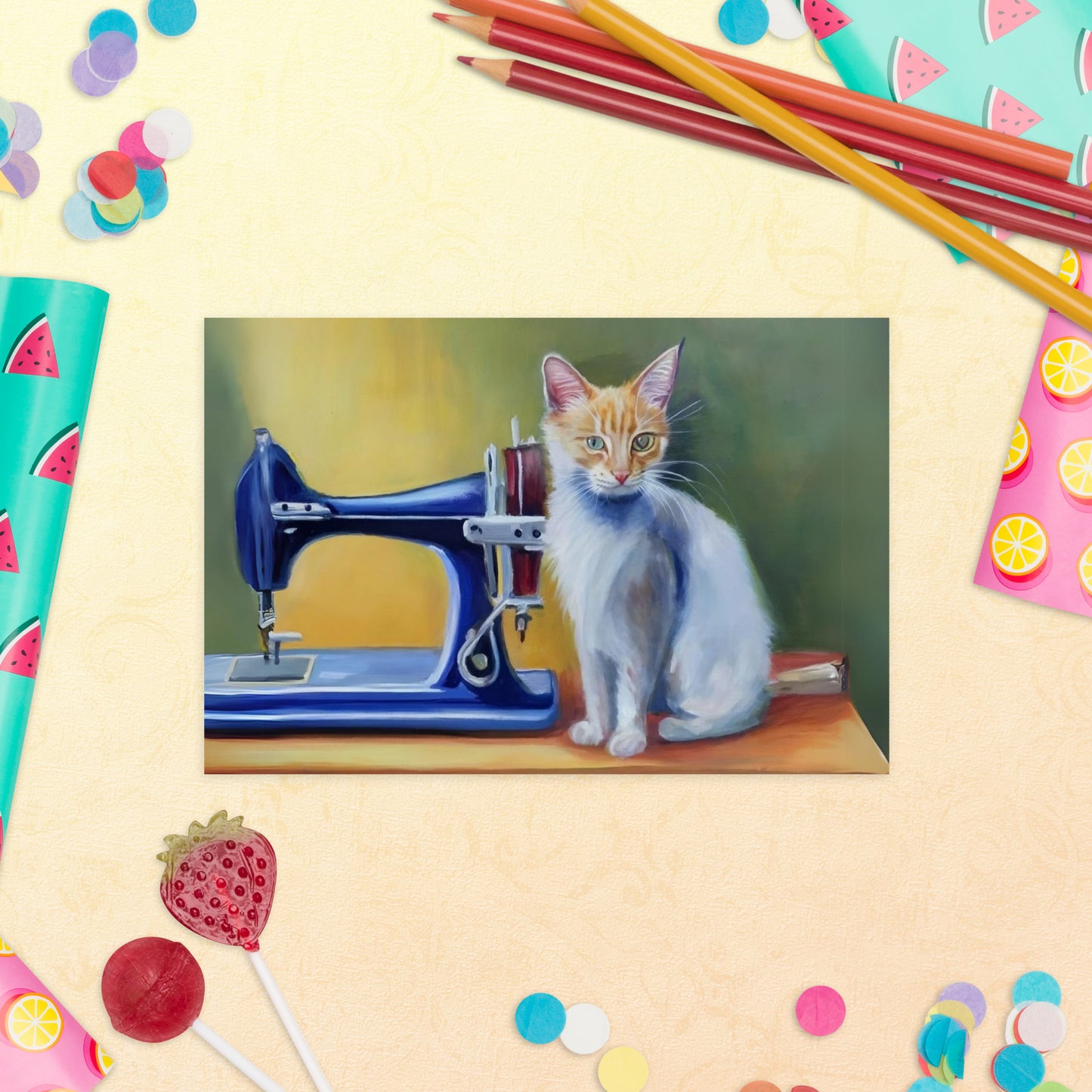 Post Card with "Sewing Cat" design - The Perfect addition to a gift or a thoughtful written note to a friend.