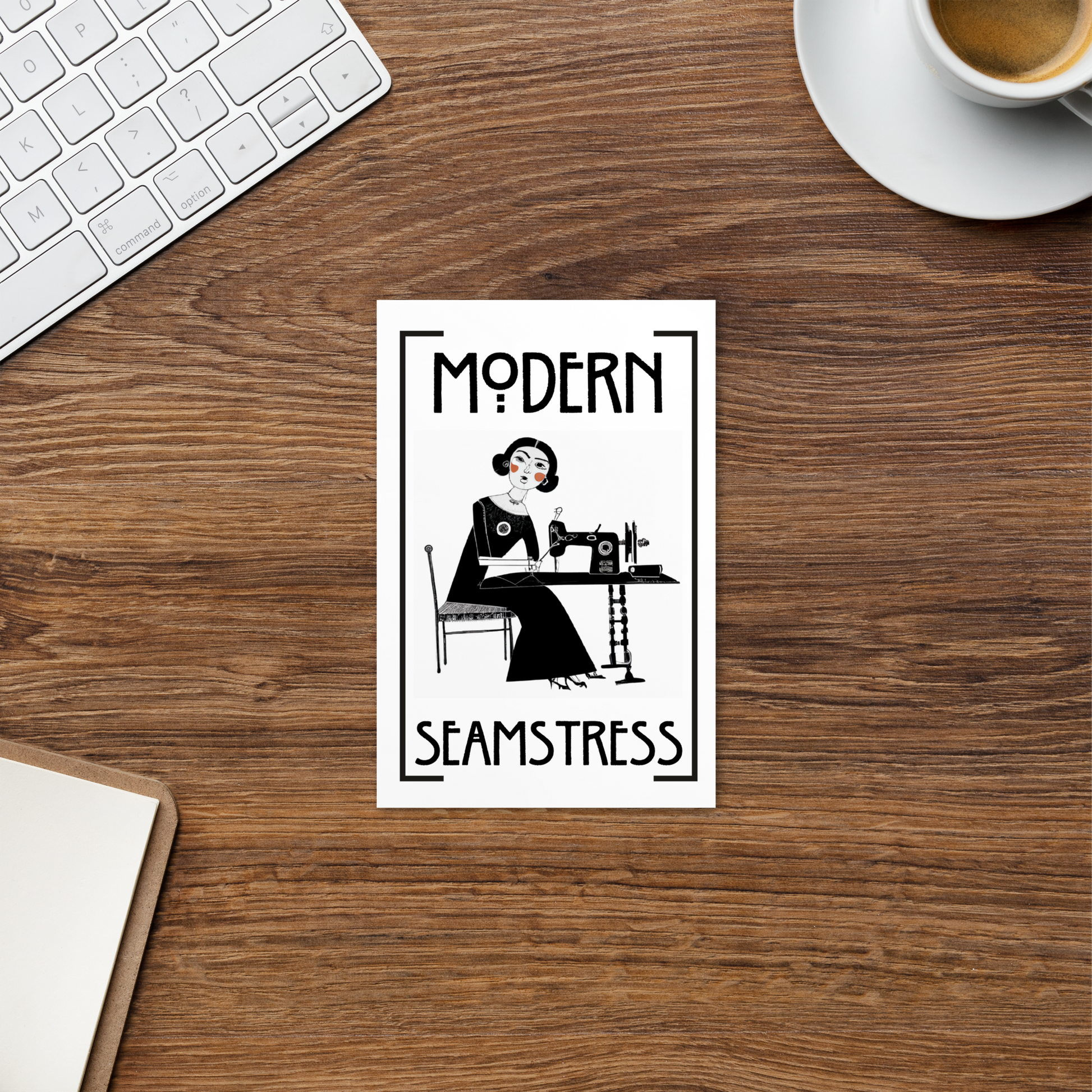 White Post card with "Modern Seamstress" design - Perfect gift for people who love to sew