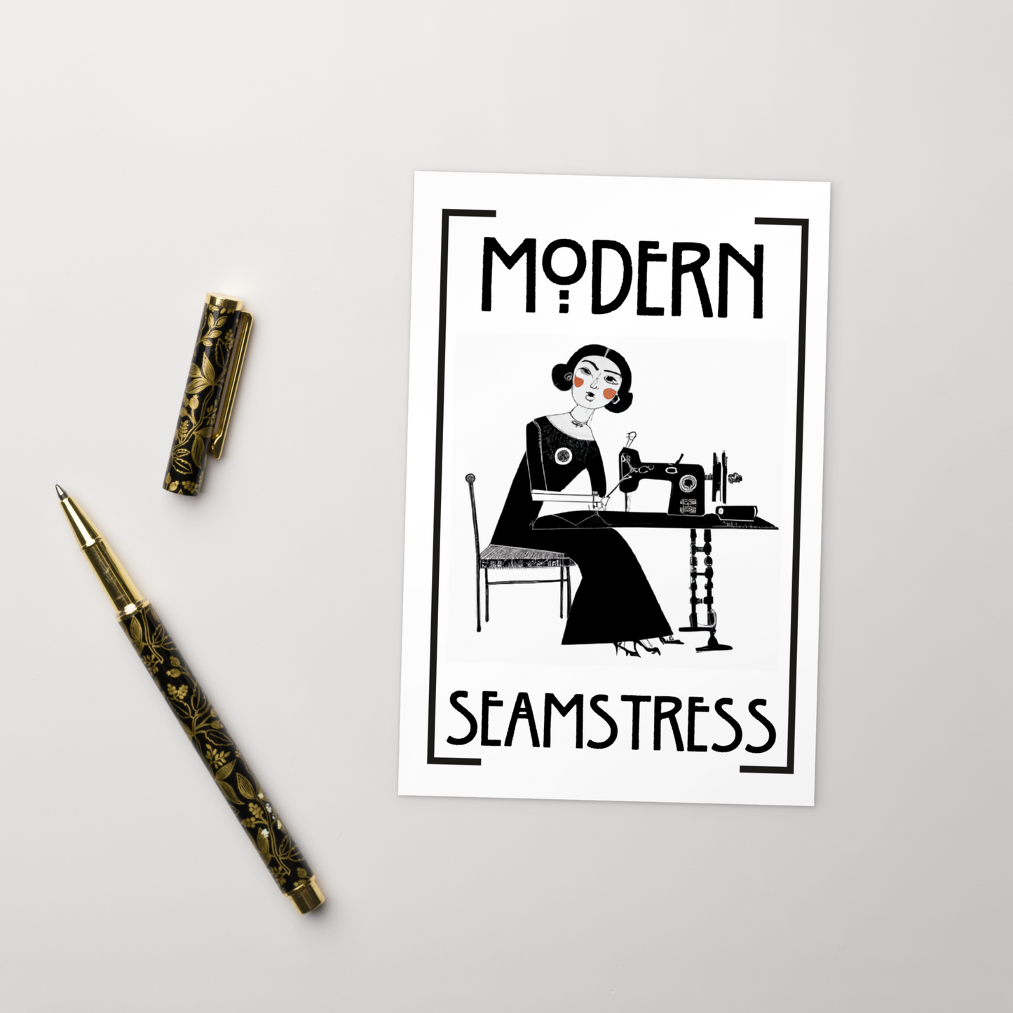 White Post card with "Modern Seamstress" design - Perfect gift for people who love to sew