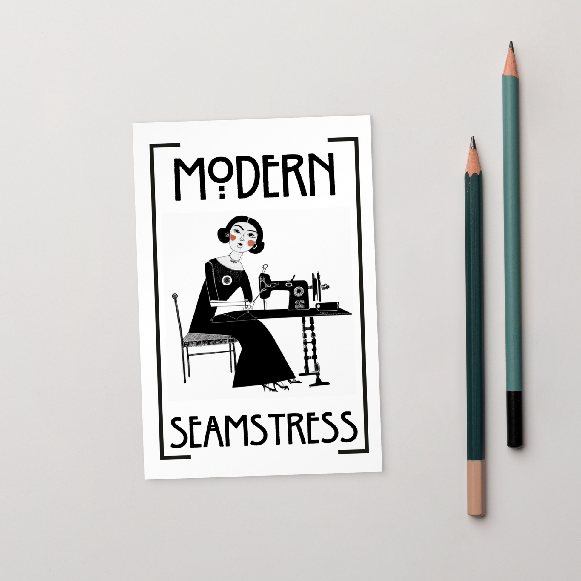 White Post card with "Modern Seamstress" design - Perfect gift for people who love to sew