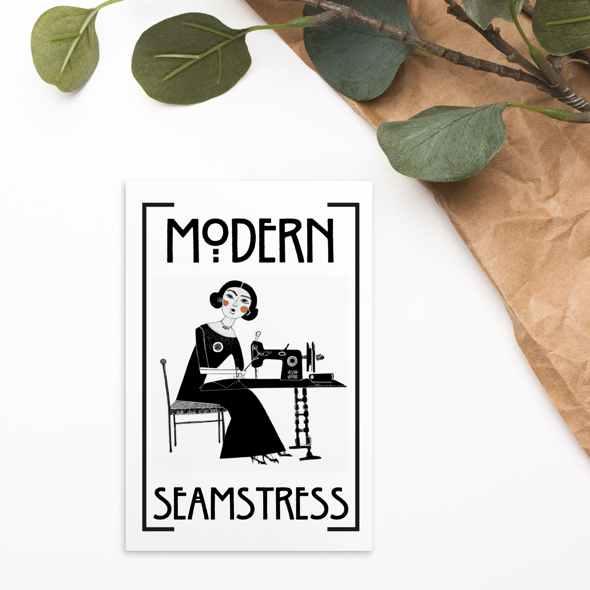 White Post card with "Modern Seamstress" design - Perfect gift for people who love to sew