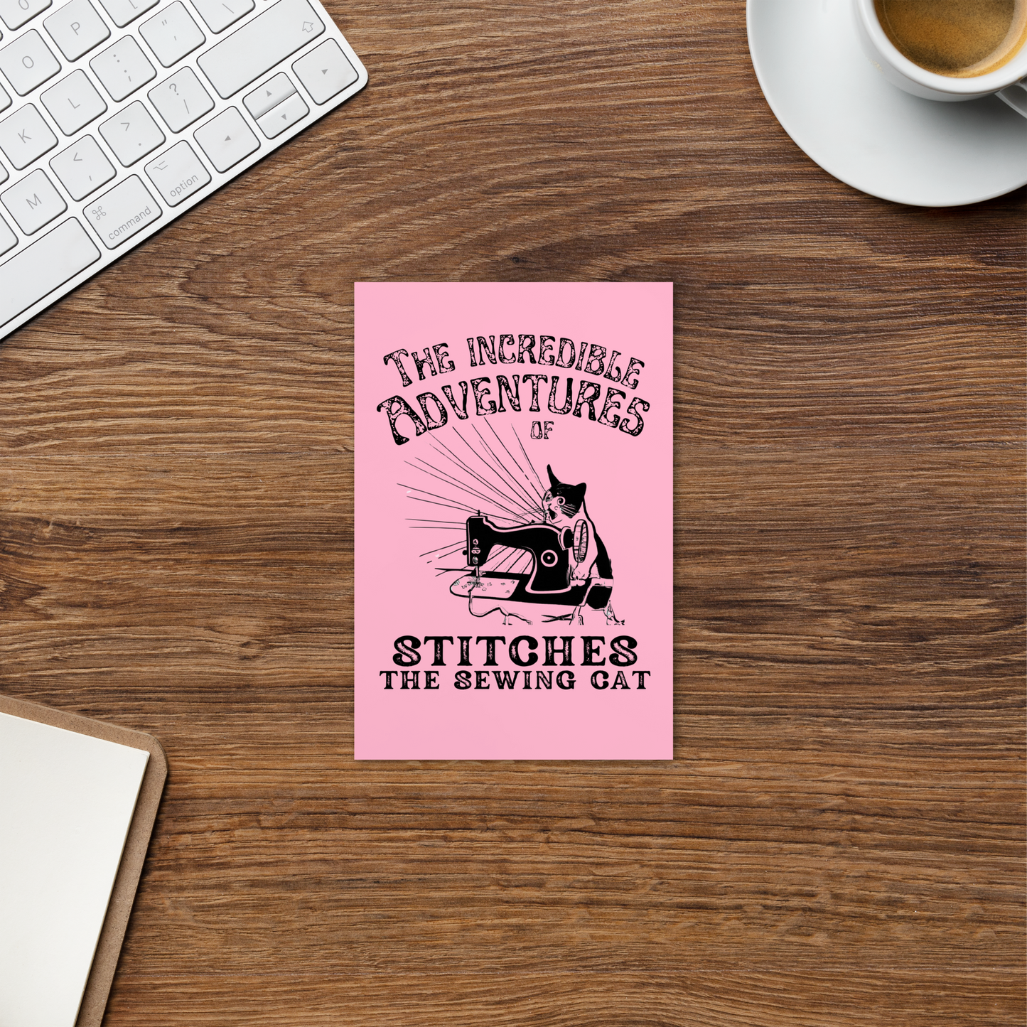 Pink Post card with "The Incredible Adventures of Stitches the Sewing Cat" desing - Perfect gift for people who love to sew