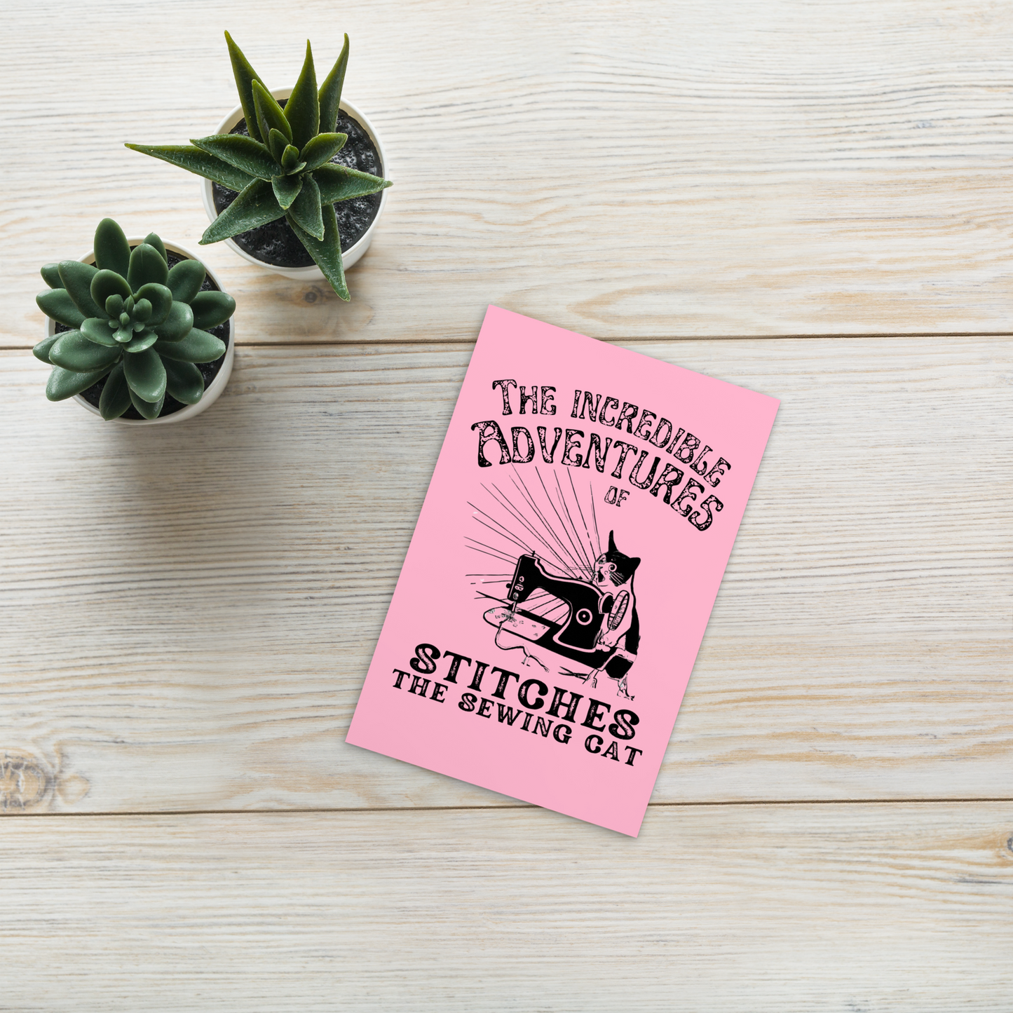 Pink Post card with "The Incredible Adventures of Stitches the Sewing Cat" desing - Perfect gift for people who love to sew