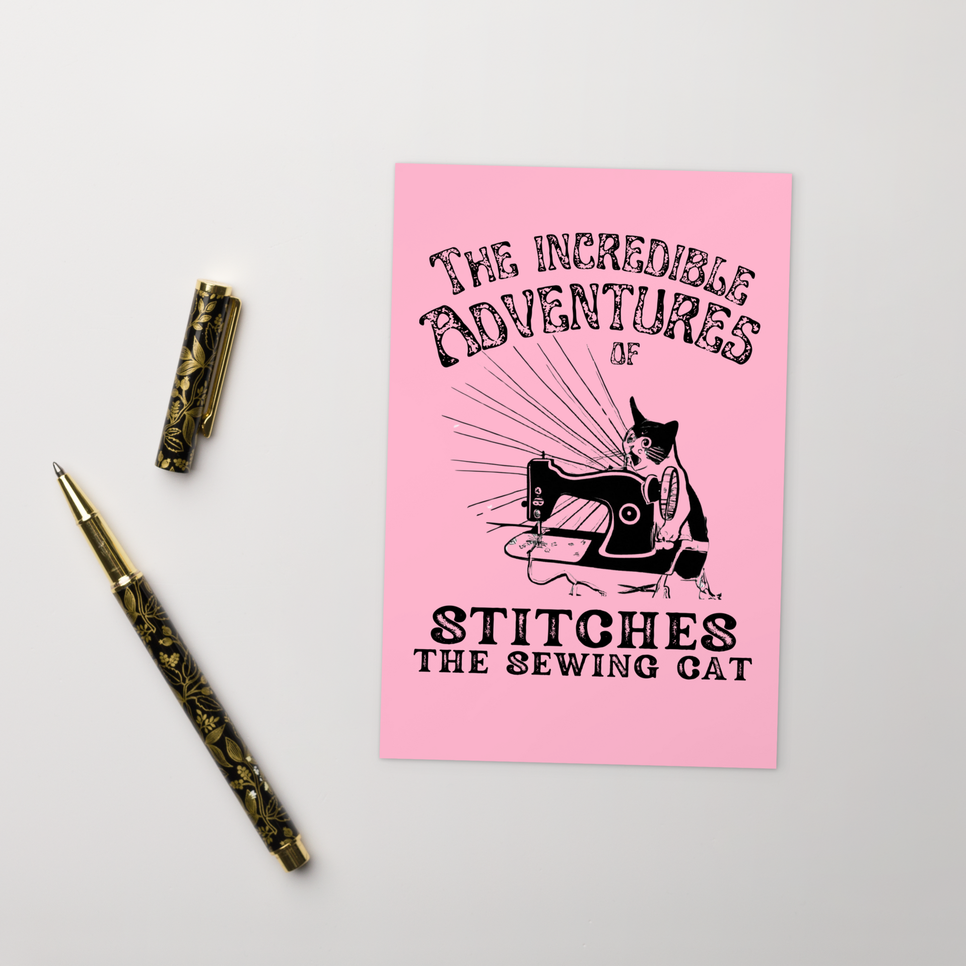 Pink Post card with "The Incredible Adventures of Stitches the Sewing Cat" desing - Perfect gift for people who love to sew