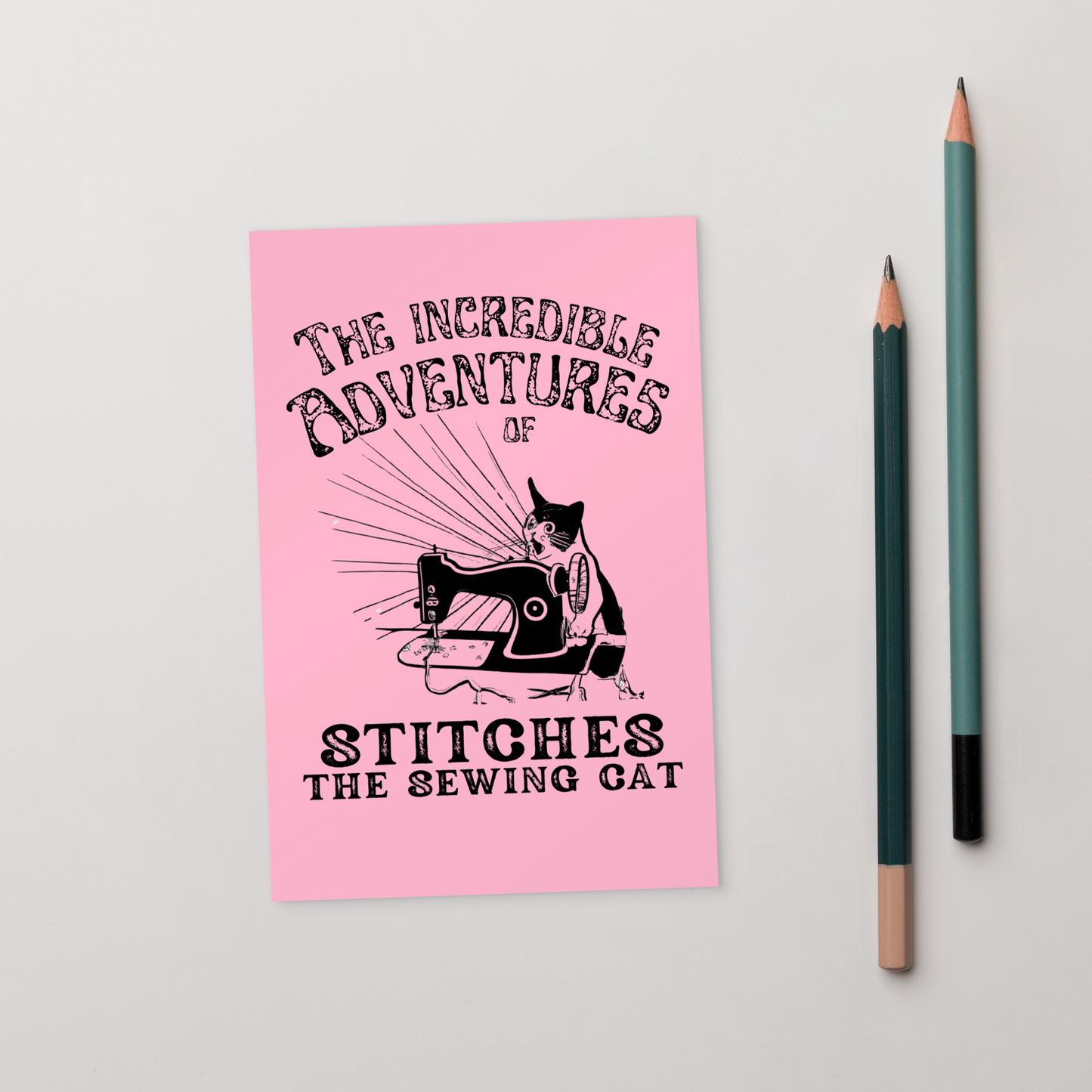 Pink Post card with "The Incredible Adventures of Stitches the Sewing Cat" desing - Perfect gift for people who love to sew