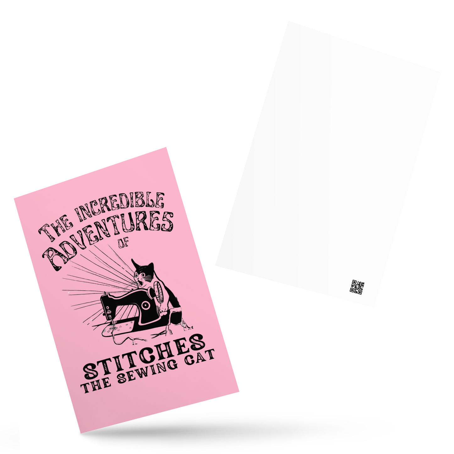 Pink Post card with "The Incredible Adventures of Stitches the Sewing Cat" desing - Perfect gift for people who love to sew