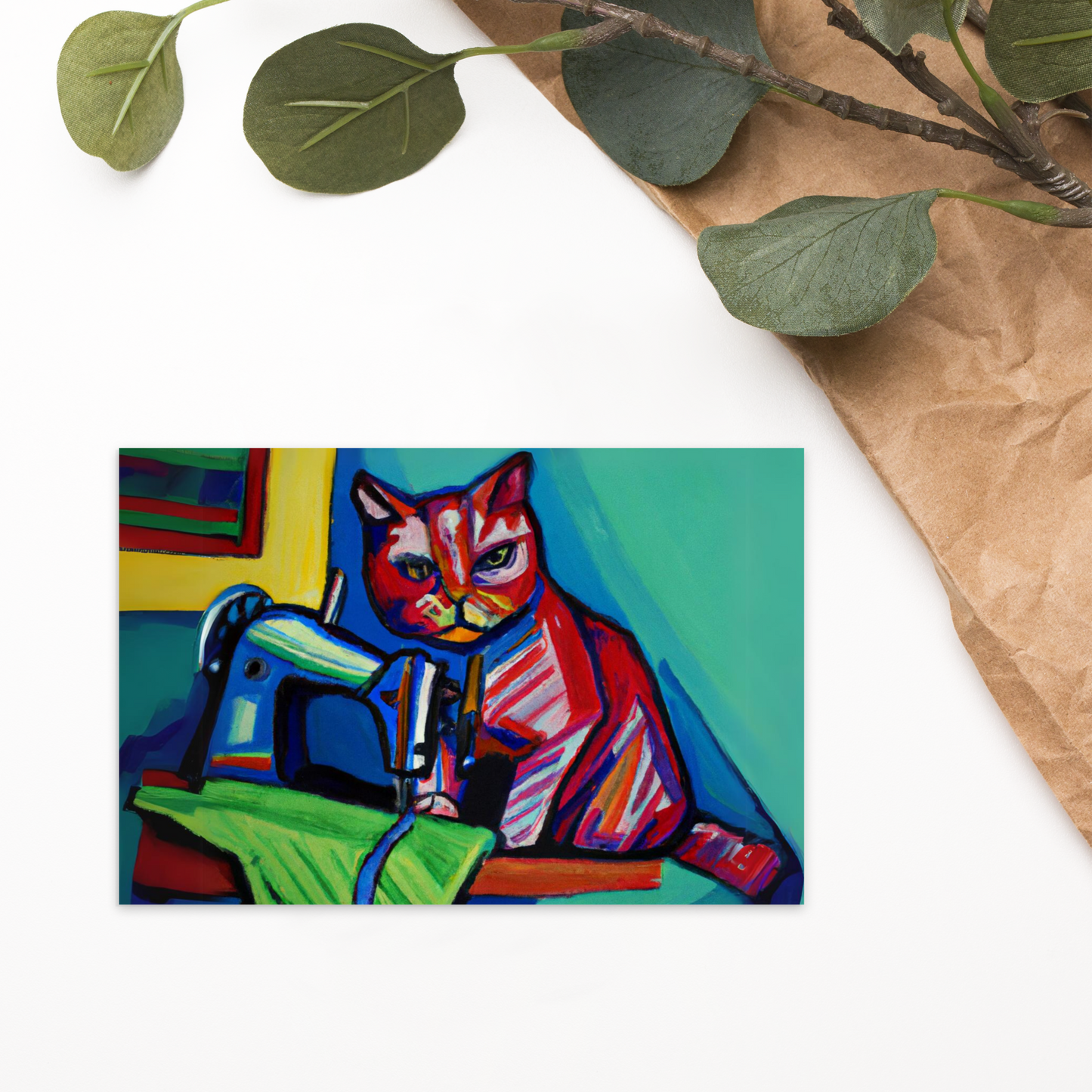 Post Card with "Sewing Cat" design - The Perfect addition to a gift or a thoughtful written note to a friend.