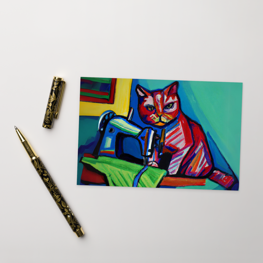 Post Card with "Sewing Cat" design - The Perfect addition to a gift or a thoughtful written note to a friend.