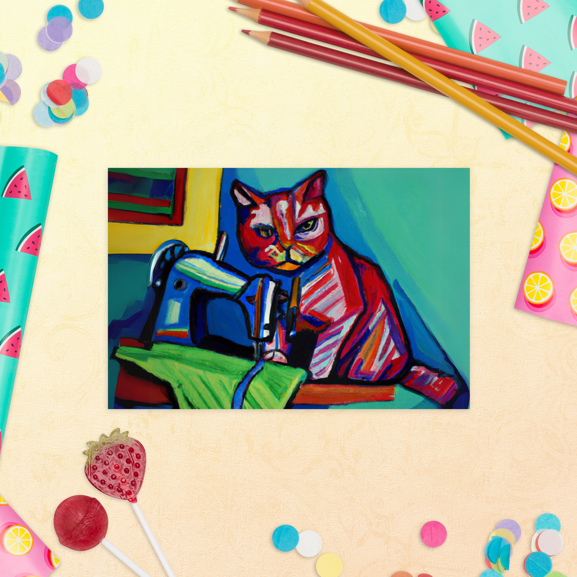 Post Card with "Sewing Cat" design - The Perfect addition to a gift or a thoughtful written note to a friend.