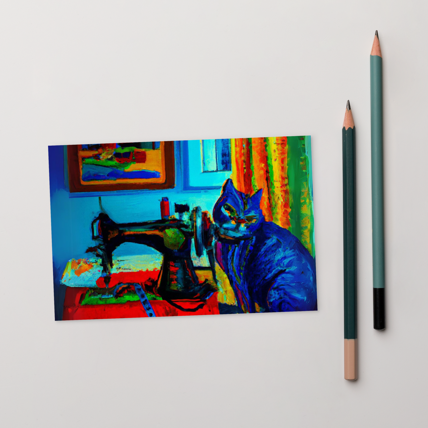 Post Card with "Sewing Cat" design - The Perfect addition to a gift or a thoughtful written note to a friend.