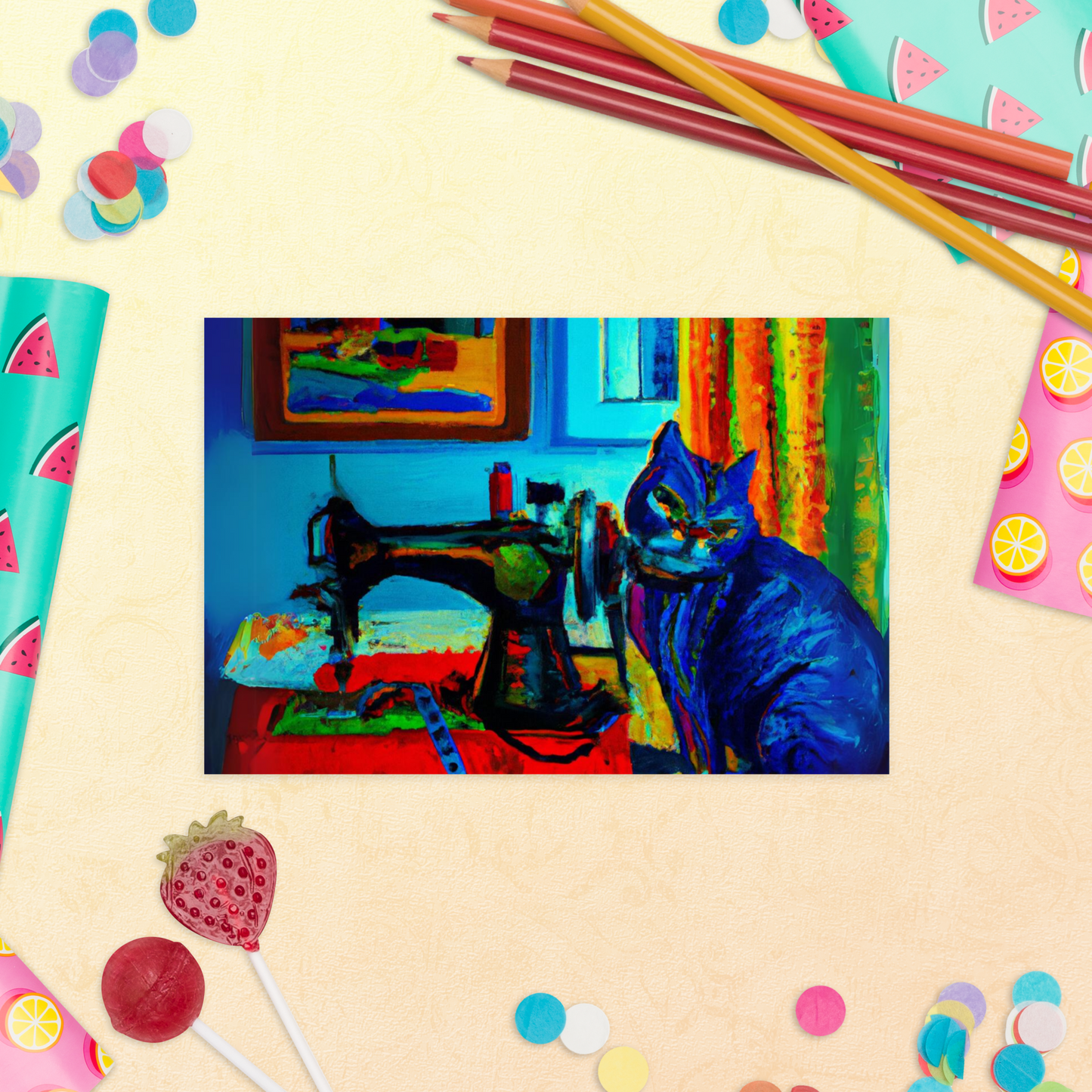 Post Card with "Sewing Cat" design - The Perfect addition to a gift or a thoughtful written note to a friend.