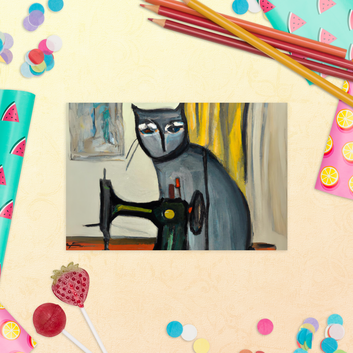 Post Card with "Sewing Cat" design - The Perfect addition to a gift or a thoughtful written note to a friend.