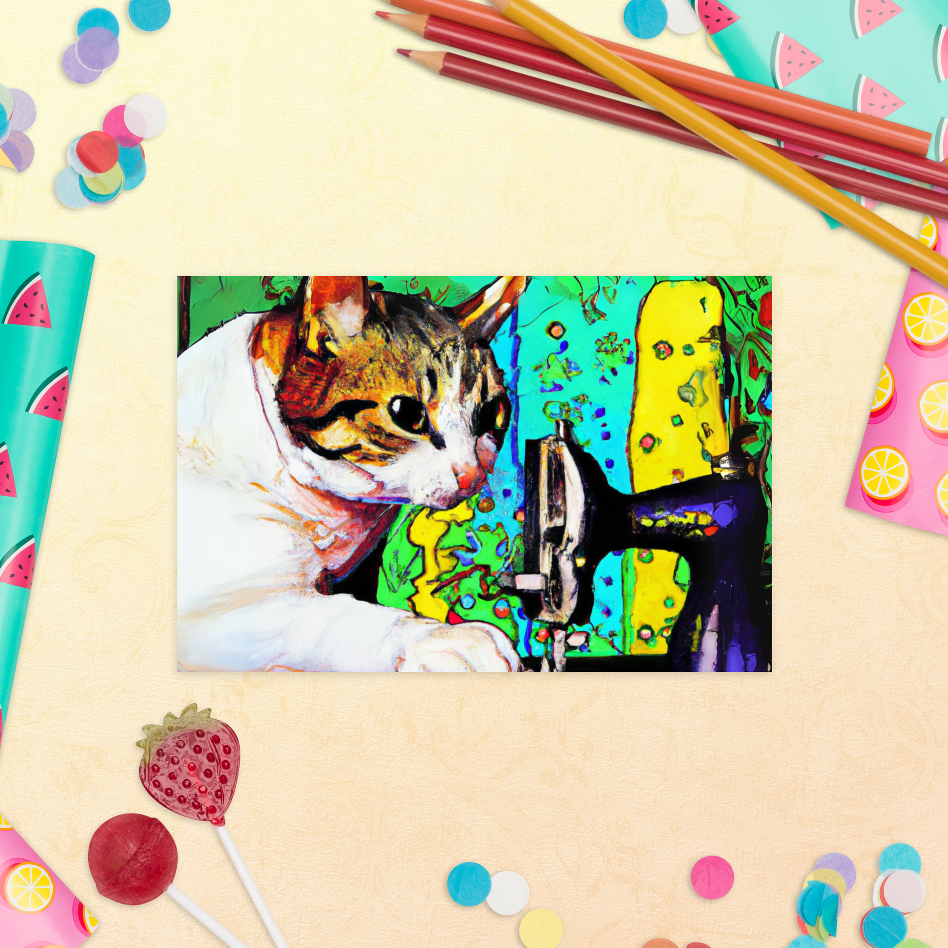 Post Card with "Sewing Cat" design - The Perfect addition to a gift or a thoughtful written note to a friend.