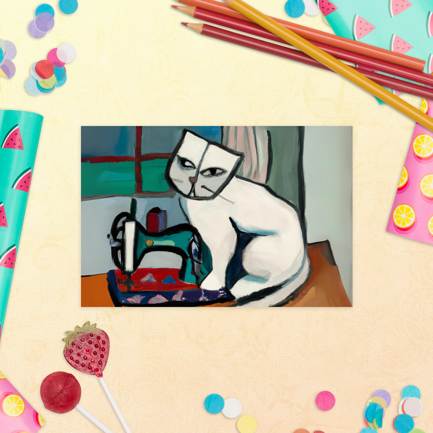 Post Card with "Sewing Cat" design - The Perfect addition to a gift or a thoughtful written note to a friend.