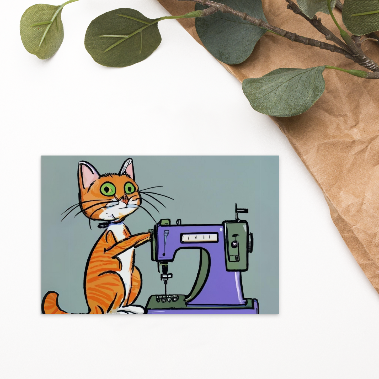 Post Card with "Sewing Cat" design - The Perfect addition to a gift or a thoughtful written note to a friend.