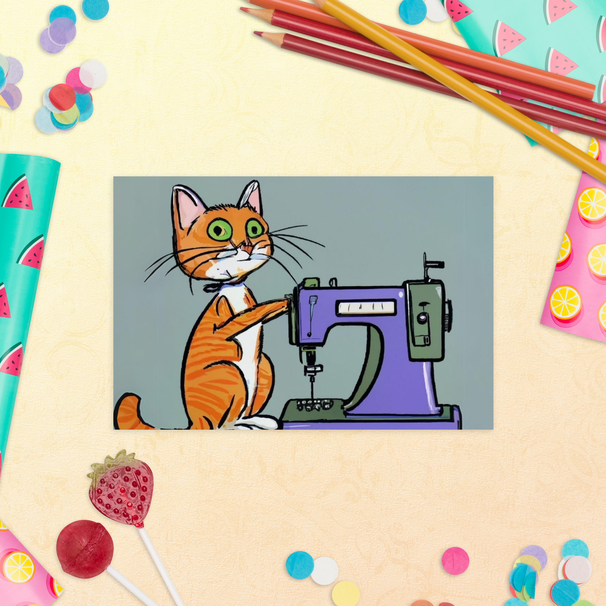 Post Card with "Sewing Cat" design - The Perfect addition to a gift or a thoughtful written note to a friend.