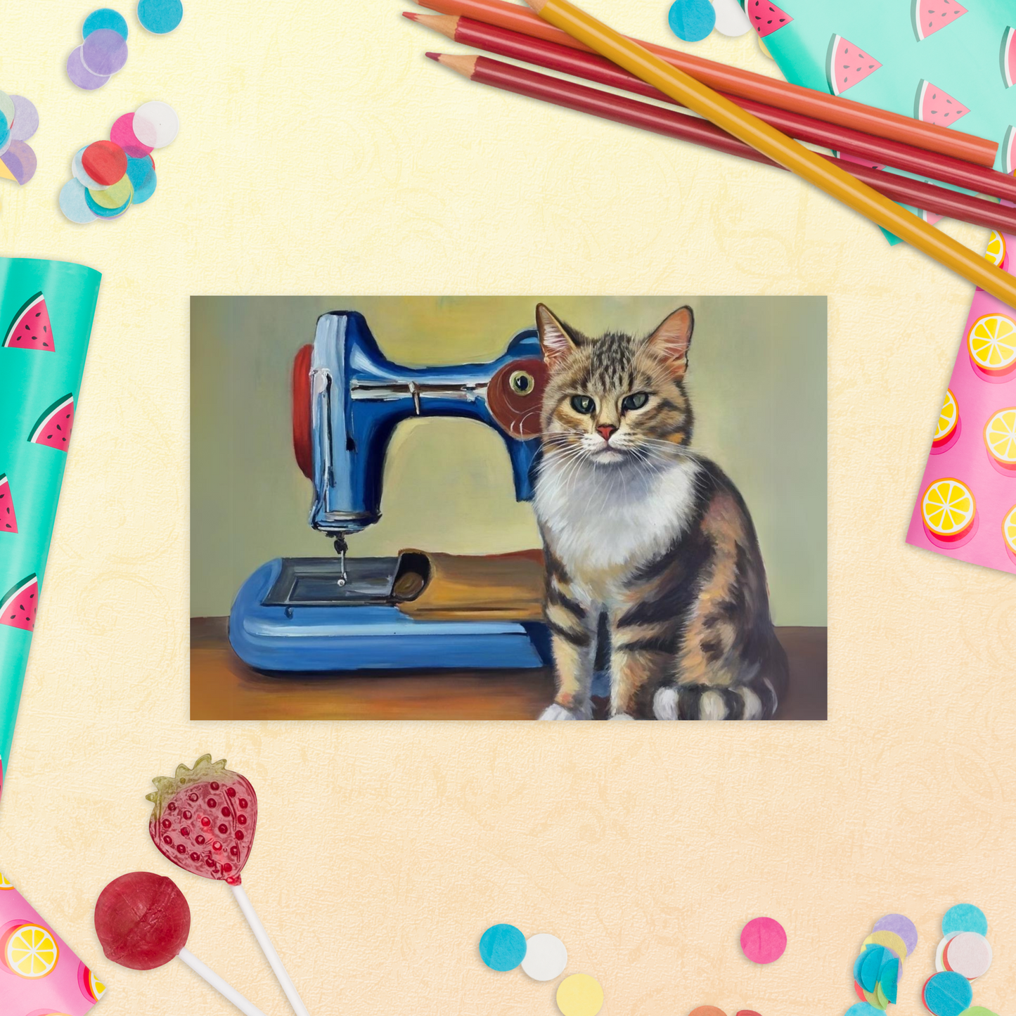 Post Card with "Sewing Cat" design - The Perfect addition to a gift or a thoughtful written note to a friend.