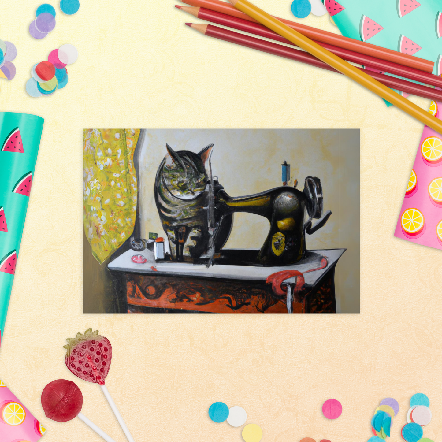 Post Card with "Sewing Cat" design - The Perfect addition to a gift or a thoughtful written note to a friend.