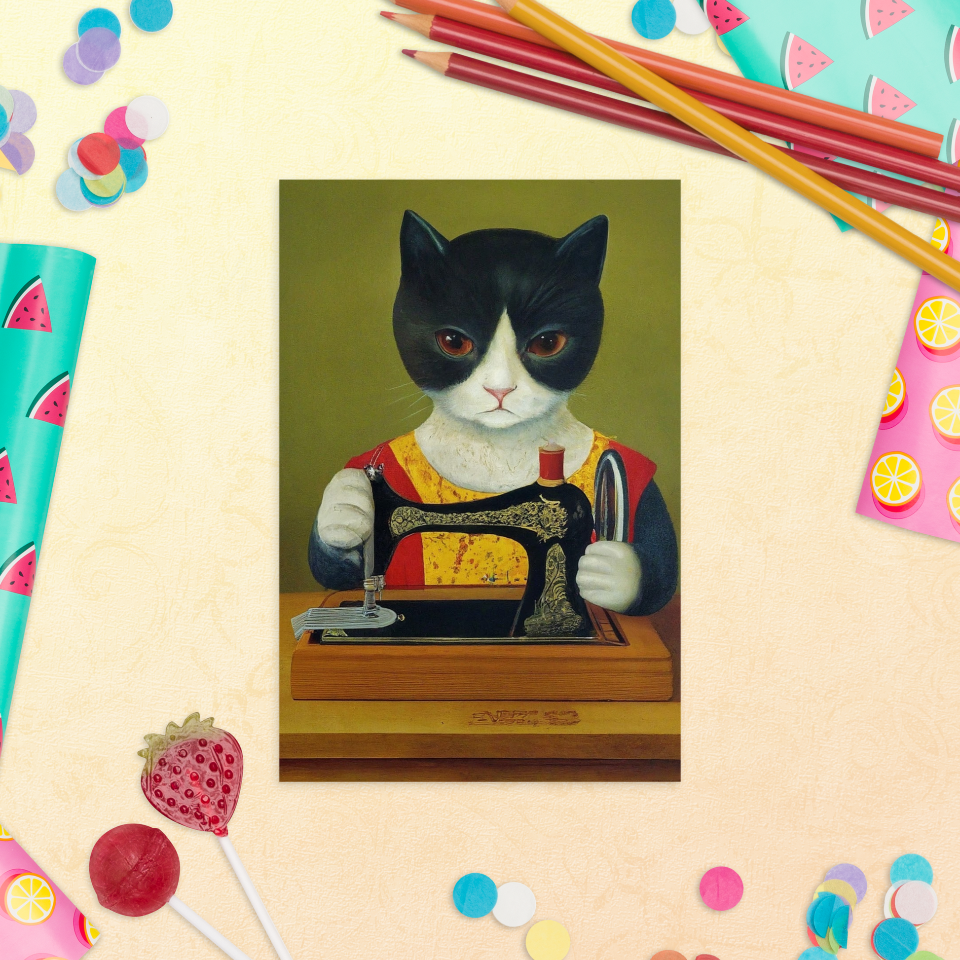 Post Card with "Sewing Cat" design - The Perfect gift for people who love to sew