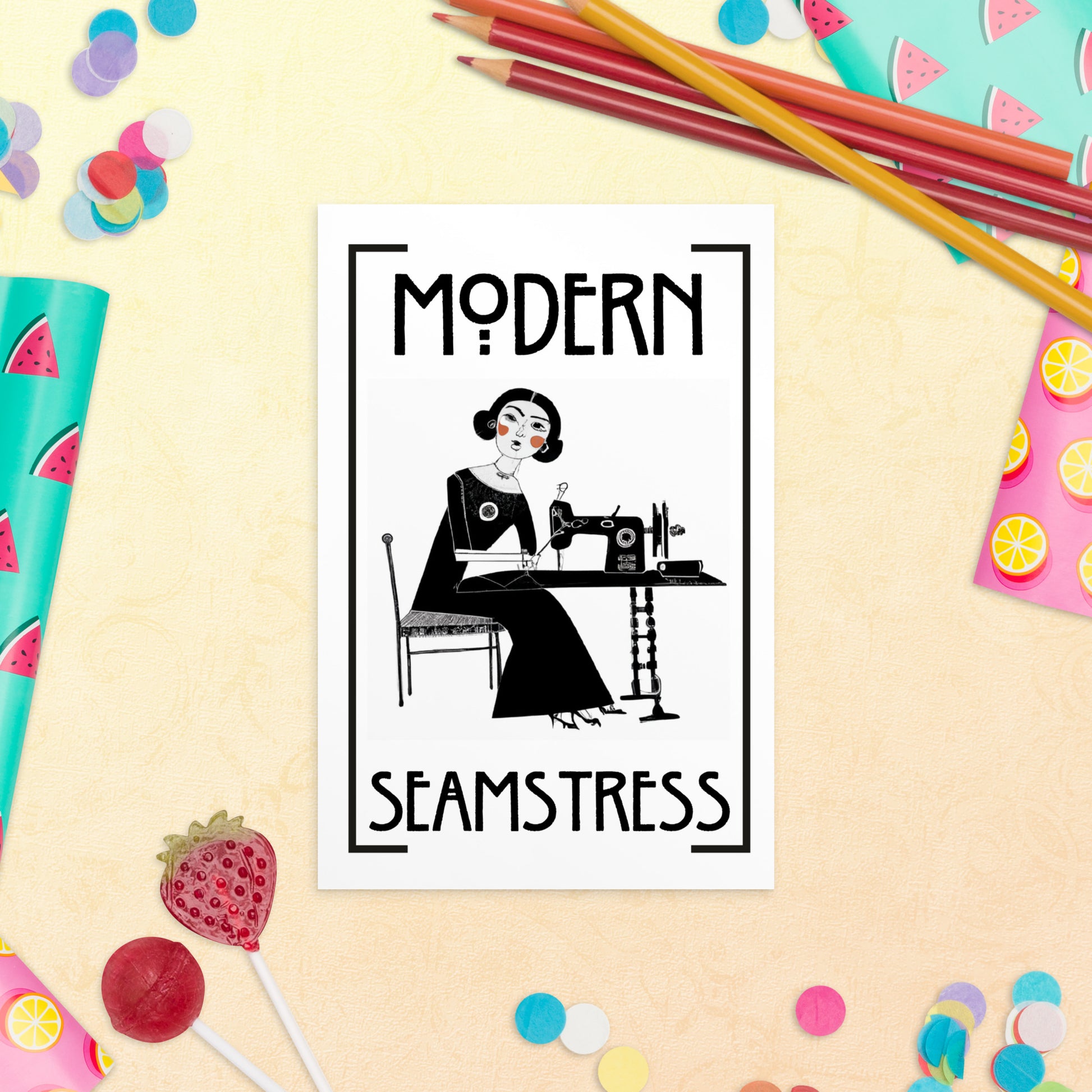 White Post card with "Modern Seamstress" design - Perfect gift for people who love to sew