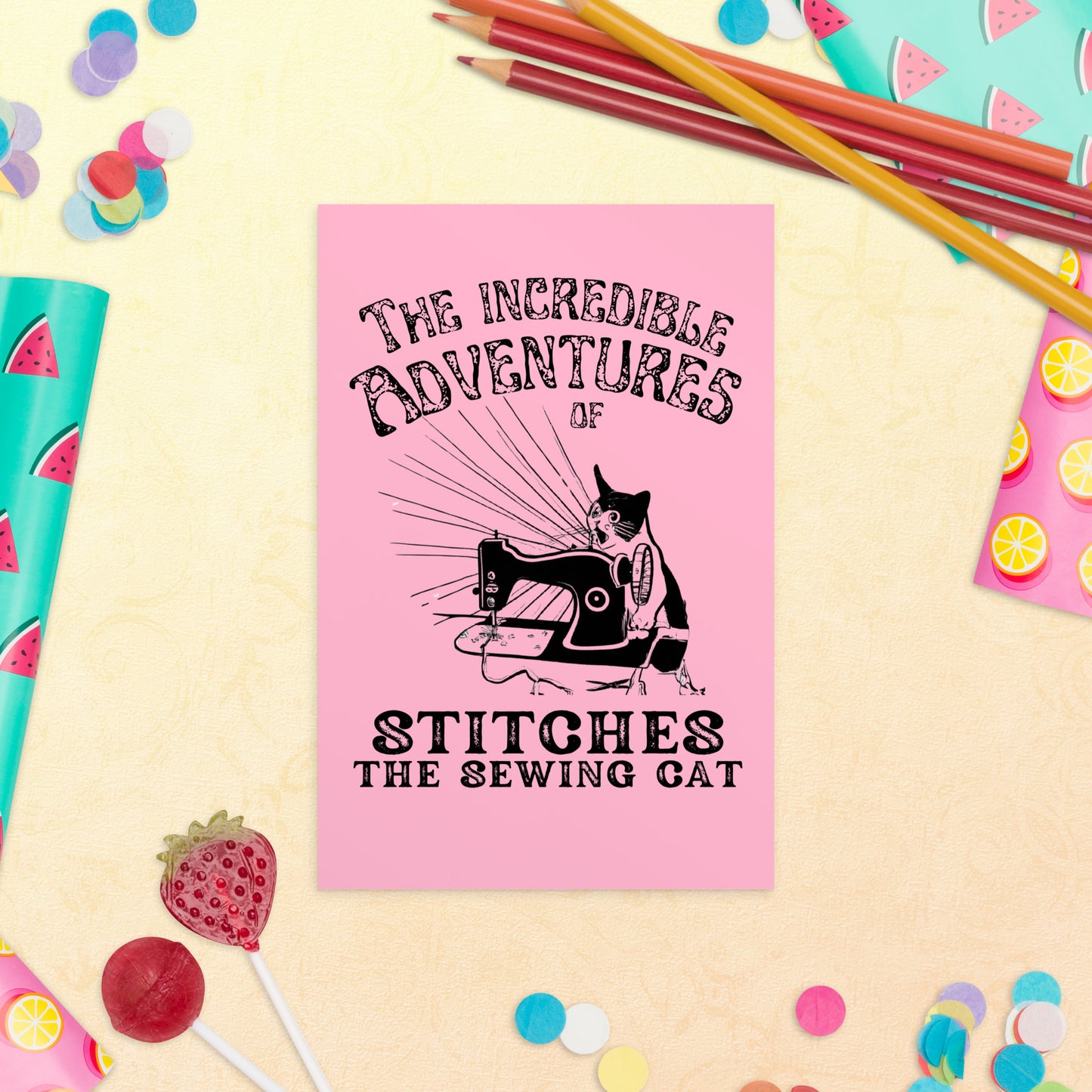 Pink Post card with "The Incredible Adventures of Stitches the Sewing Cat" desing - Perfect gift for people who love to sew