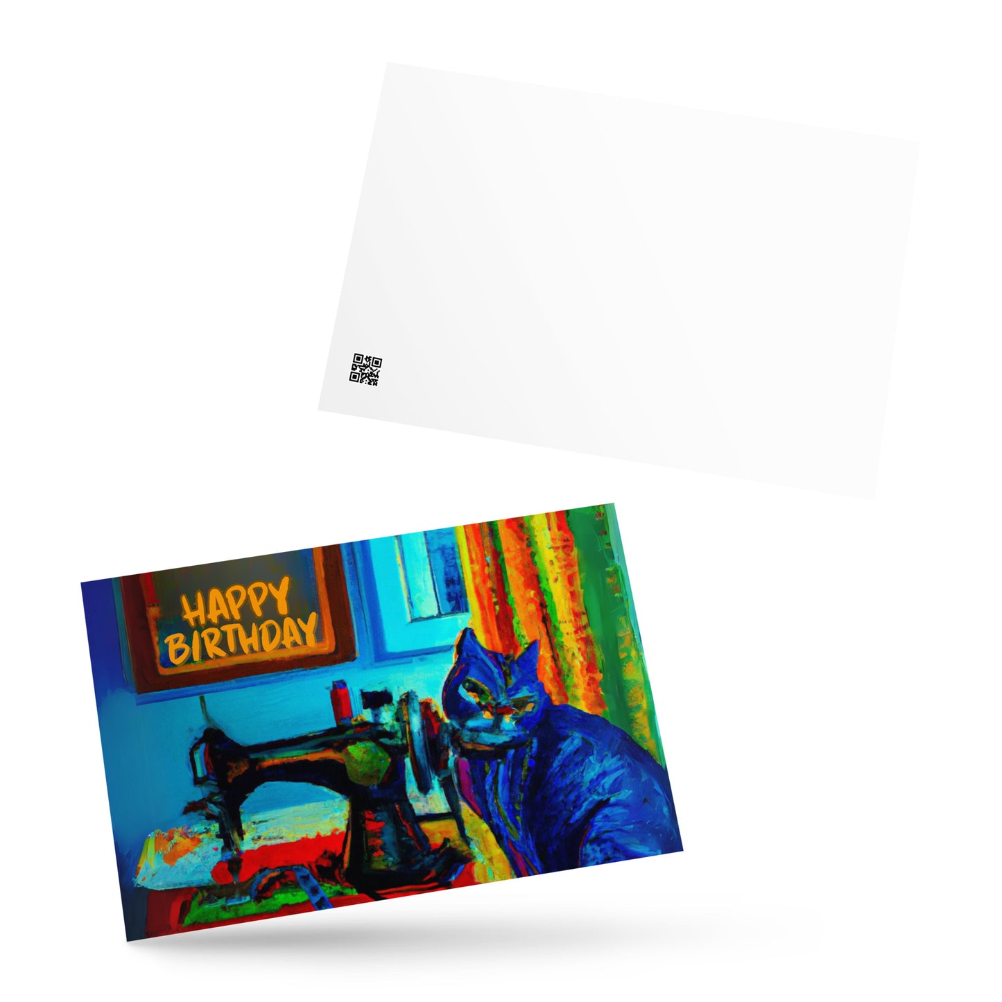 Happy Birthday Blue Sewing Cat Note Card